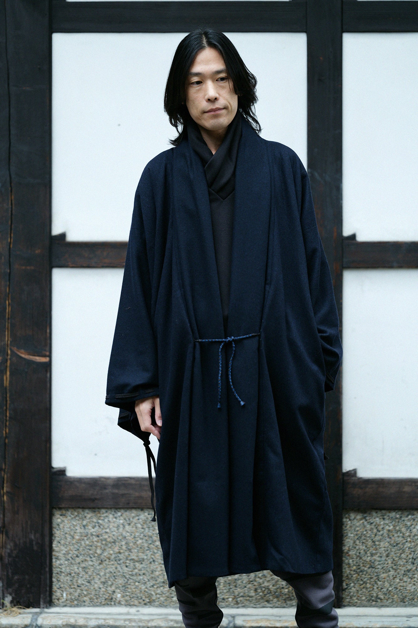 尾州粗花呢 宮中袖外套 中長 附裡襯／暗藍色