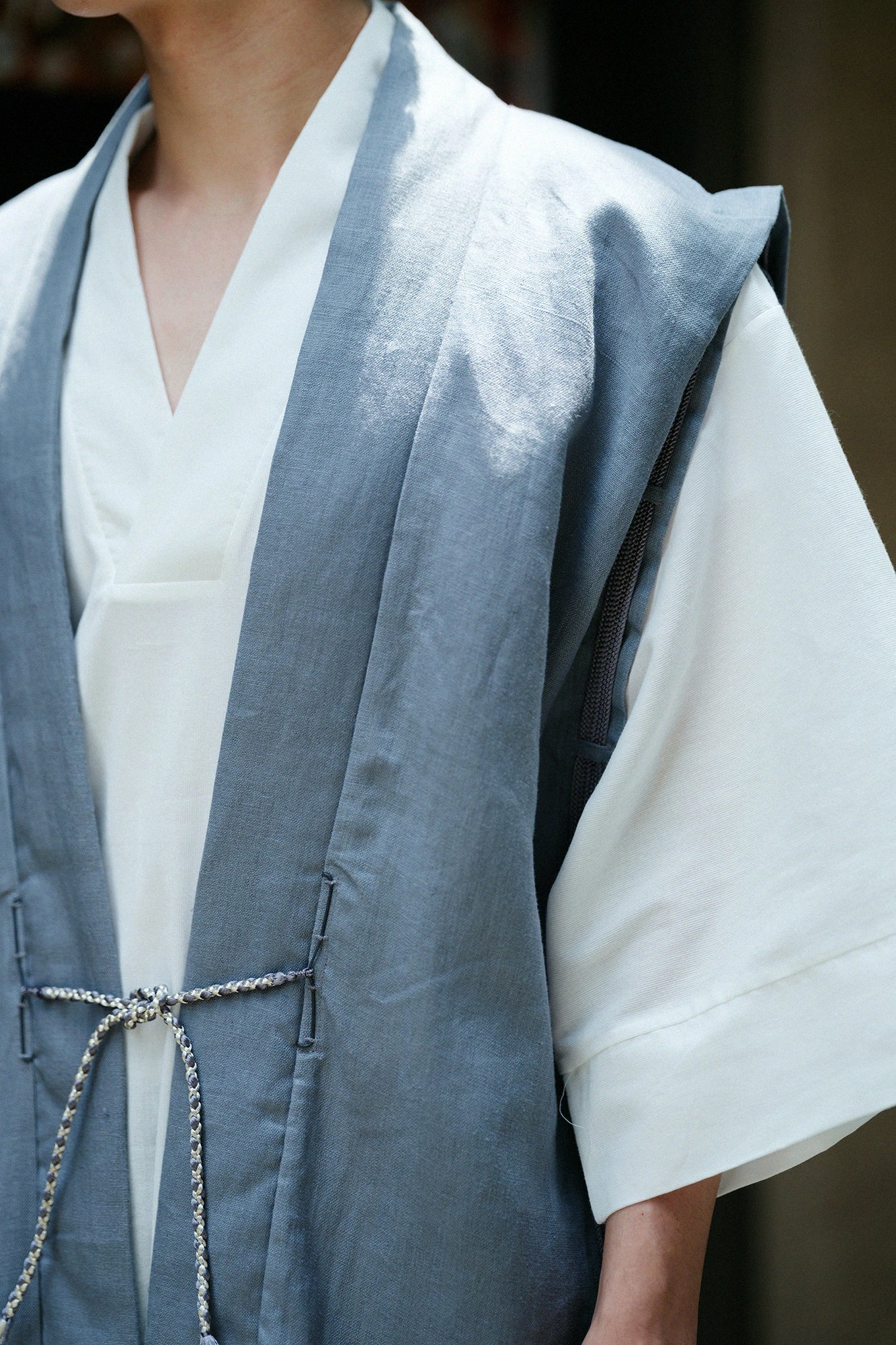 Linen Jinbaori Shoulder Tuck Long / Tin Grey