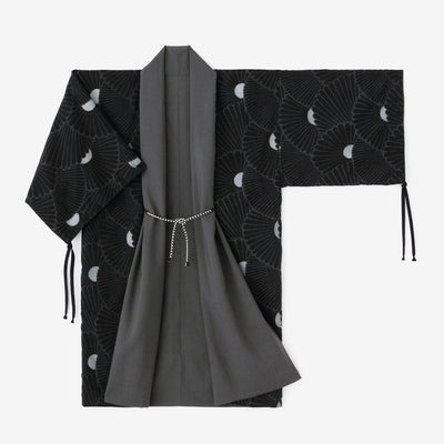 モスリン 宮中袖（きゅうちゅうそで） 可逆（かぎゃく）／濃灰（こいはい）×菊扇（きくおうぎ）
