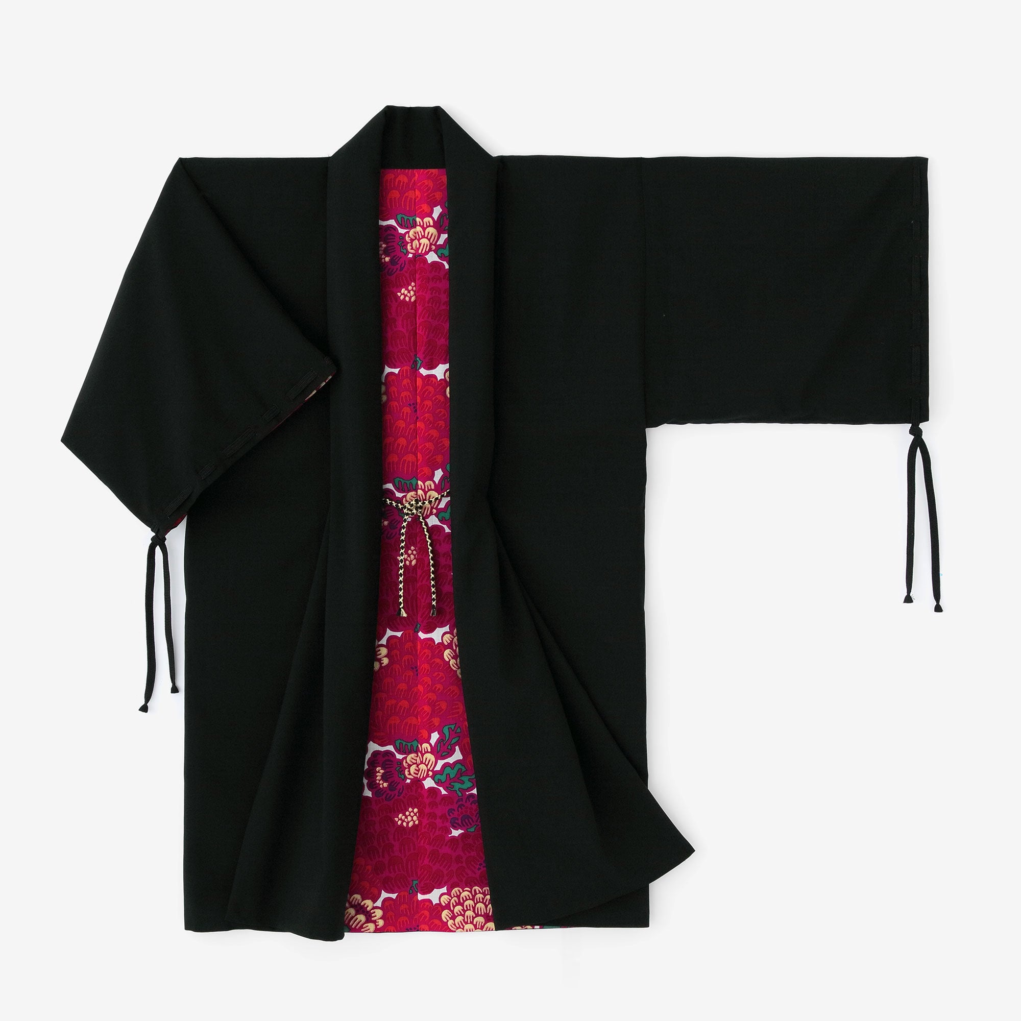 Combed Yarn×Muslin Wool Rectangular Sleeve Coat Reversible / Black×Kenran