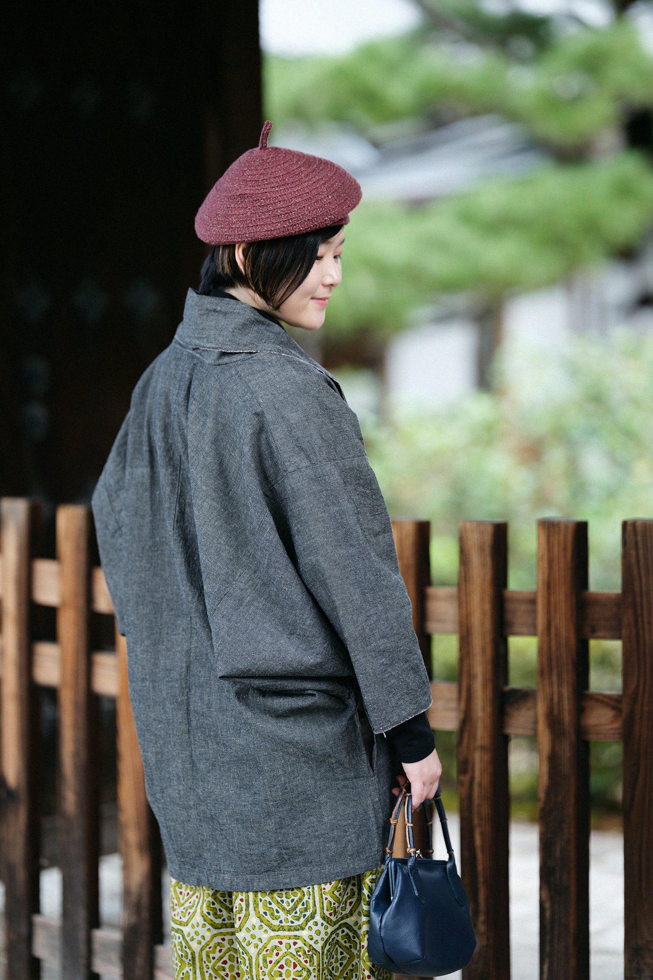 伊勢木棉20/20 麻混紡 梯形袖短外套 單層／灰炭色 2