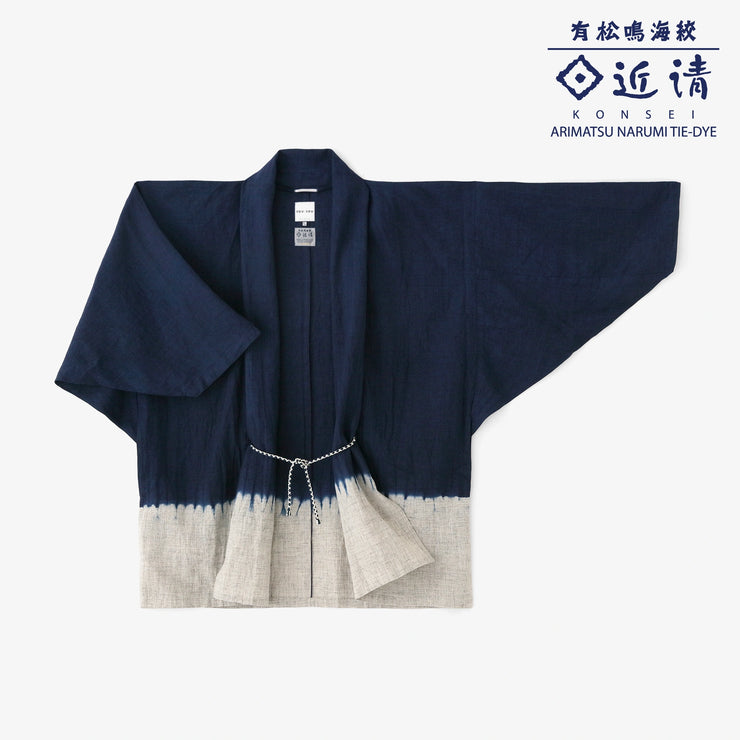 近清扎染麻梯形袖短外套单层／分层染深蓝色×混灰汁色