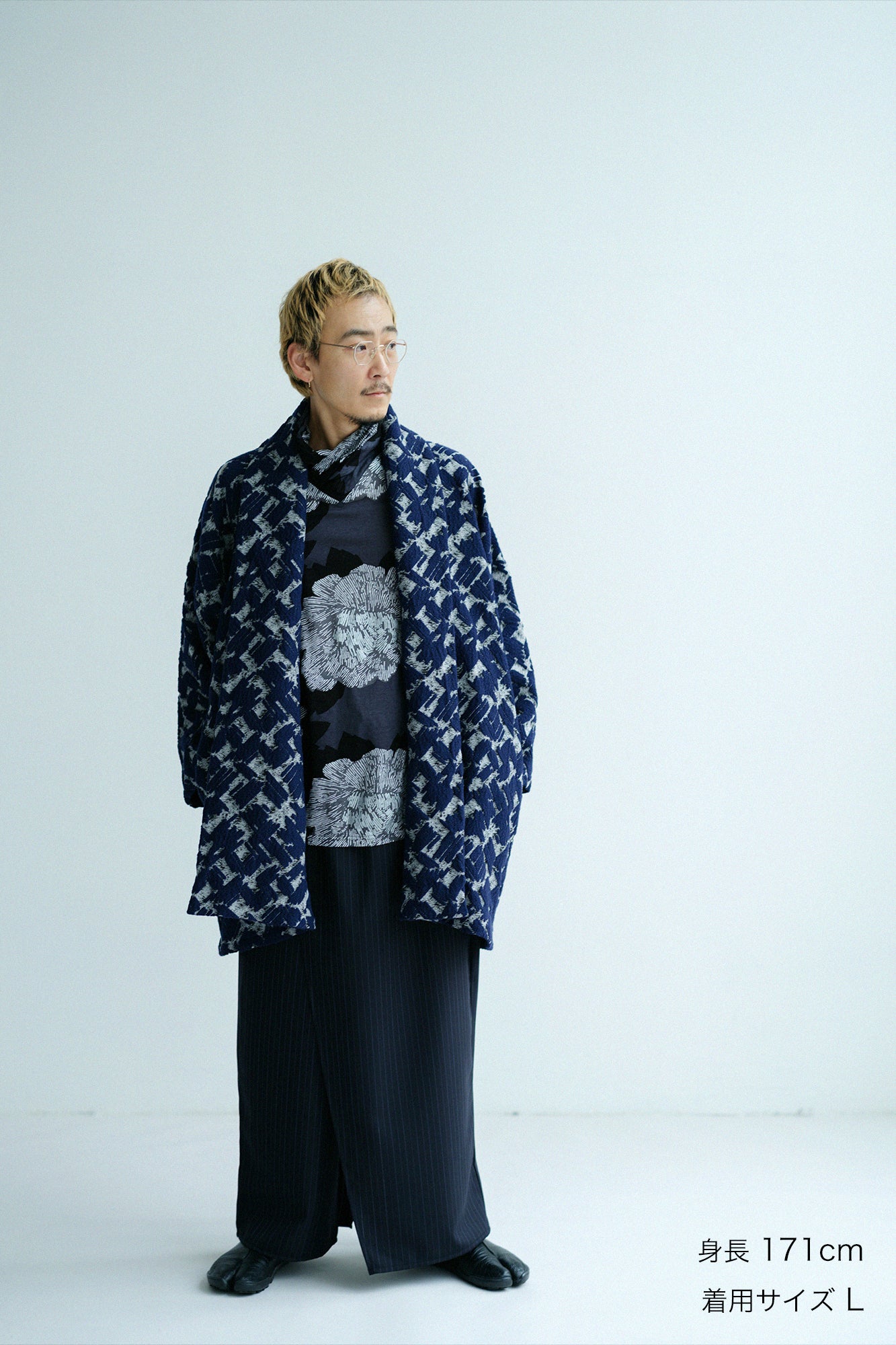 羊毛緹花 梯形袖 短外套 單層／深藍色