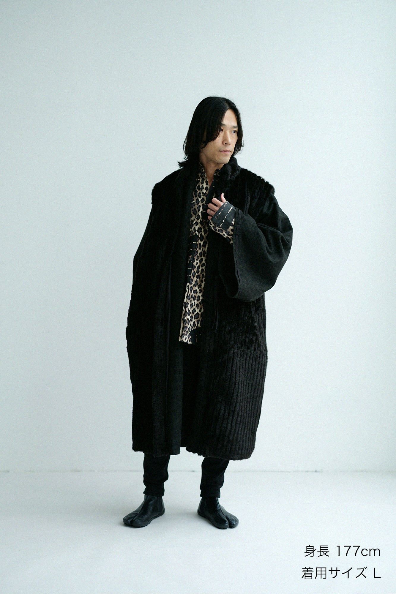 Faux Fur Ribbed Long Jinbaori with Lining / Black