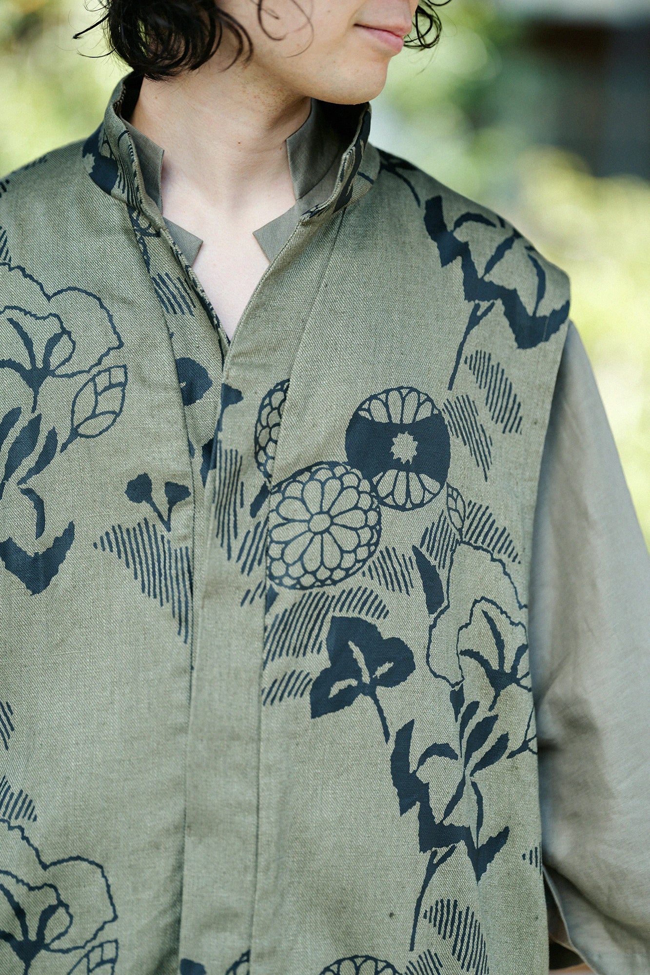Linen Twill Weave Long Jinbaori Single Layer／Yamafuuga Olive Green