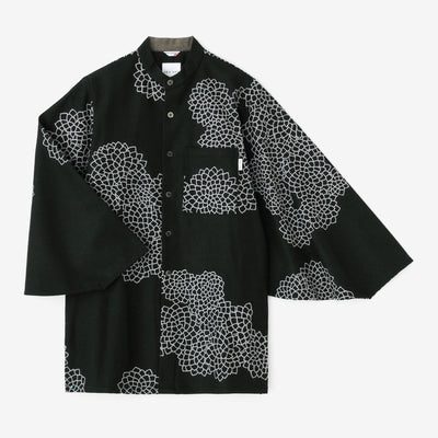 Tweed Naginata Sleeve Long Shirt / Chrysanthemum in Clouds and Blank Black