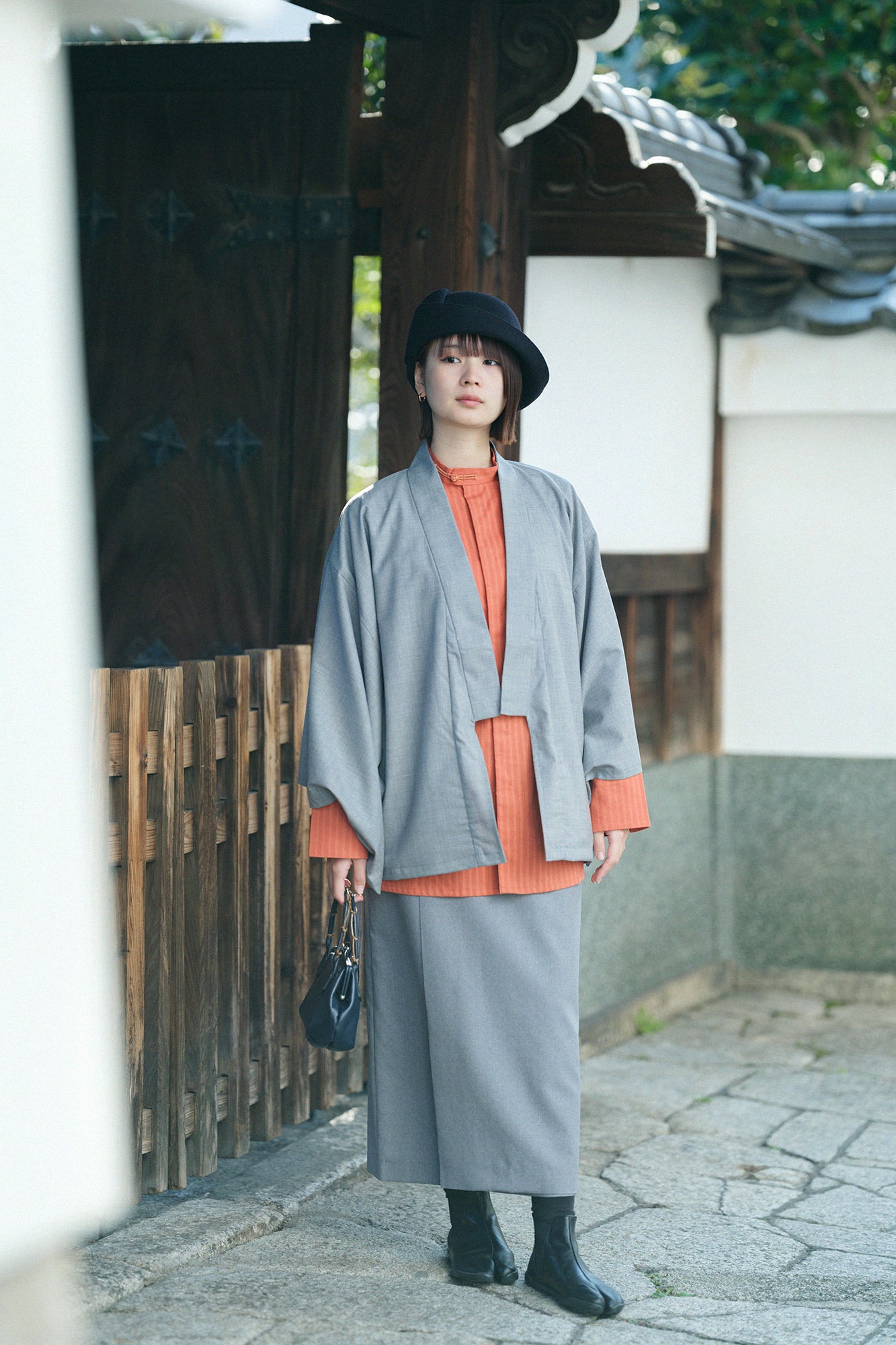 紗羅編織 圓領長襯衣／柿色