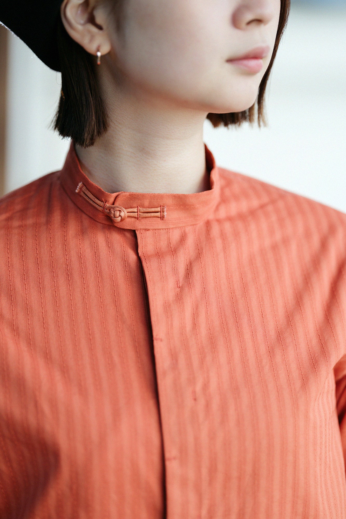 紗羅編織 圓領長襯衣／柿色