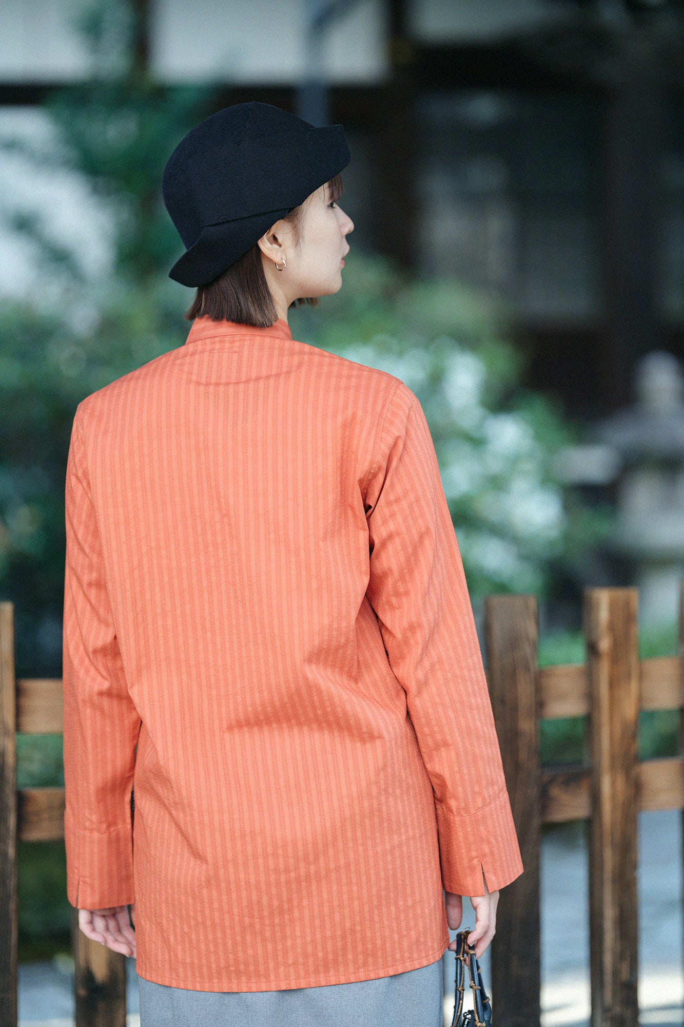 紗羅編織 圓領長襯衣／柿色