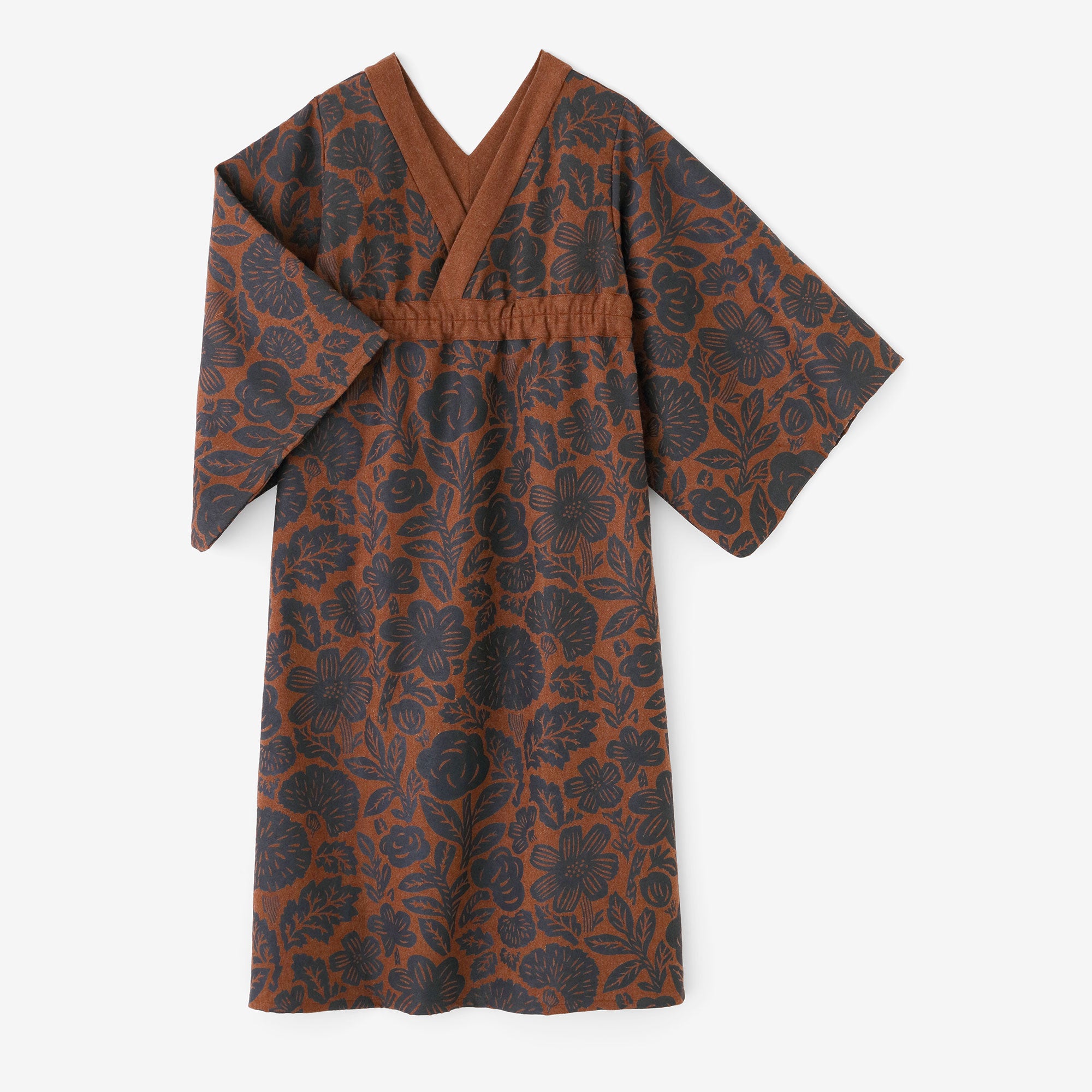 Wool Flannel Kimono Dress / Woodcut Yellowish Brown