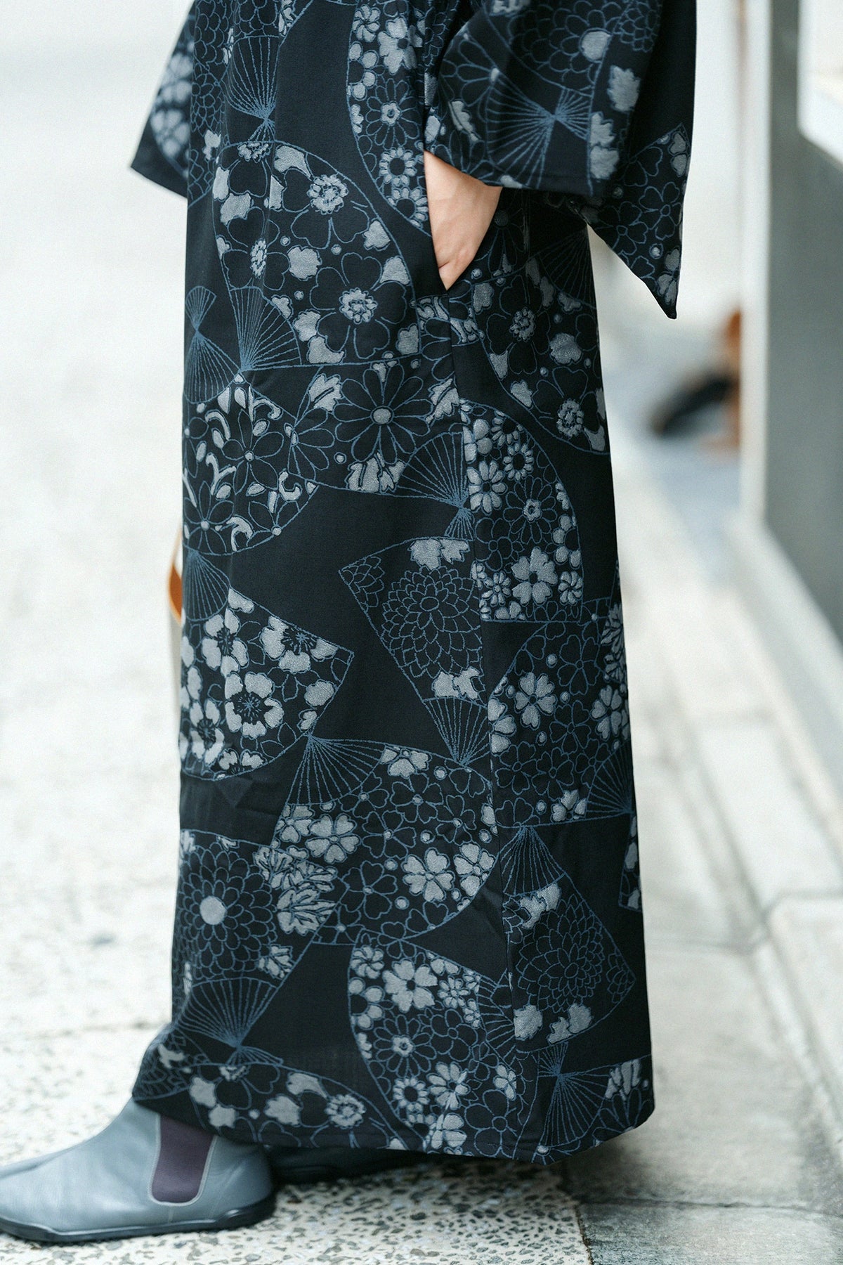 Combed Yarn Kimono Dress Long /Fan Black 