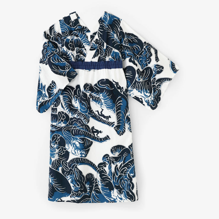 Linen Yukata Dress / flying elephants Bluish Silver