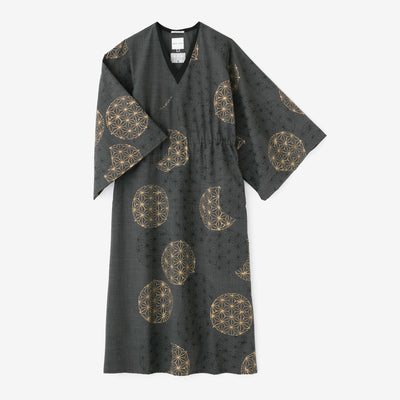 Combed Yarn Double V-neck Kimono Dress / Hemp-leaf Pattern Ink Color