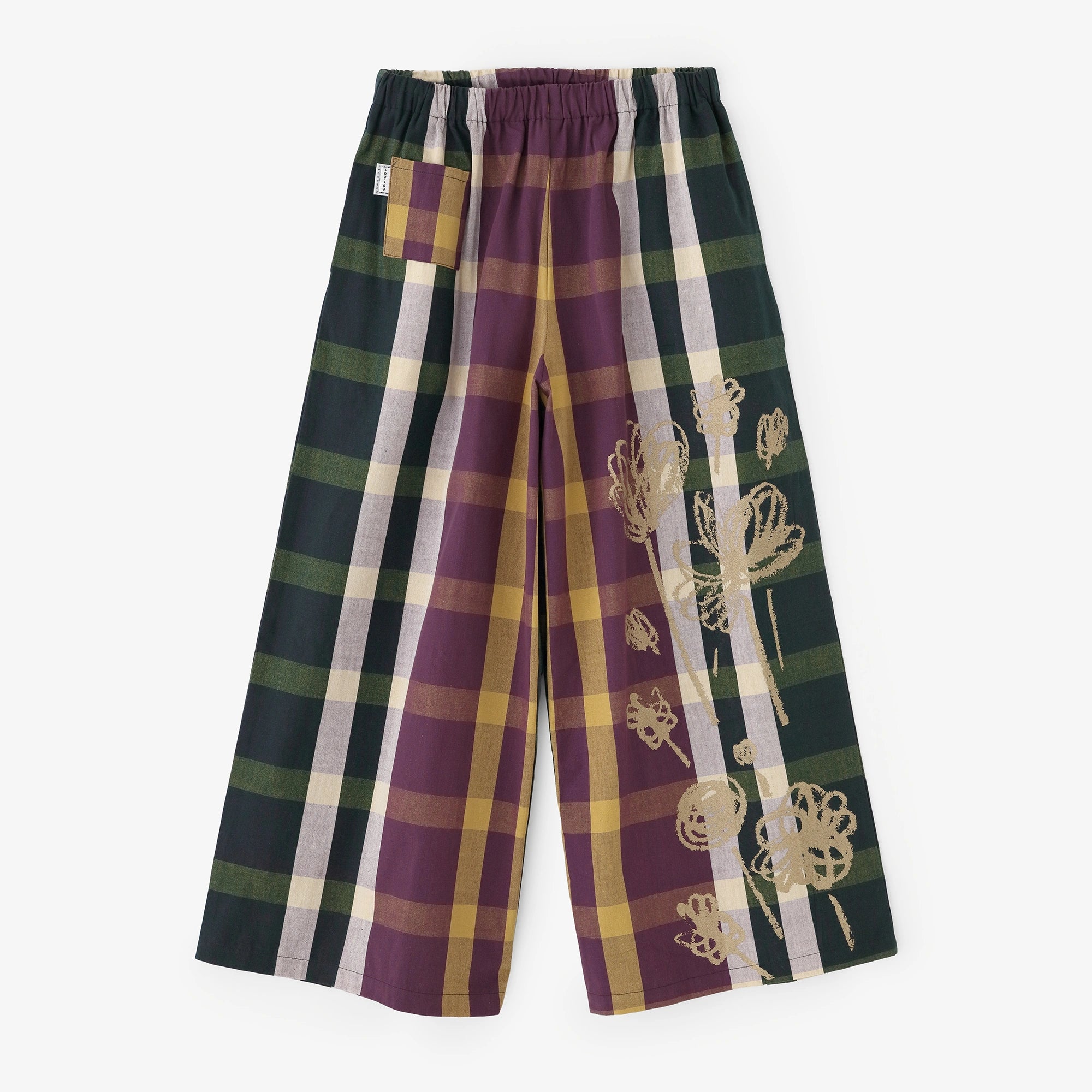 Isemomen Cotton 20/20 Wide-legged Pants／Plaid Layered Lattice Reddish Purple×Dark Green