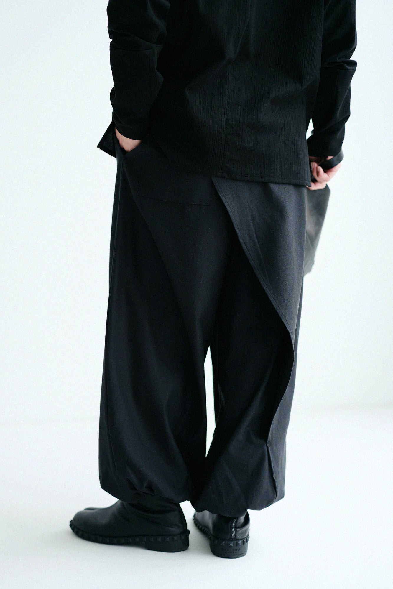 Cotton Linen Twill Weave Wrap Harem Pants／Black
