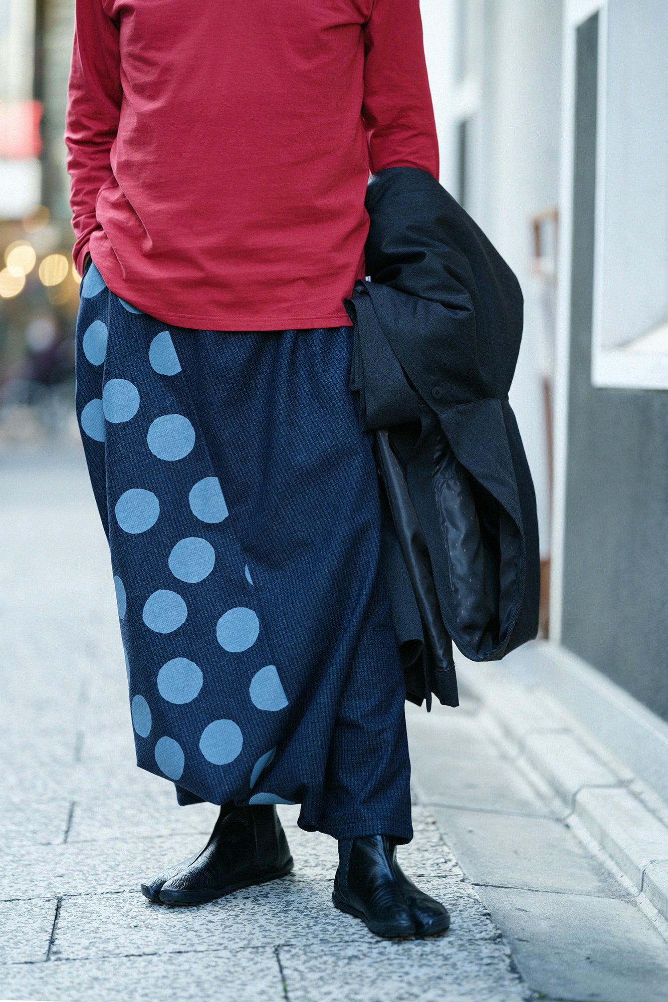 棉毛格子織 富士（飛鼠褲）／深藍×圓點