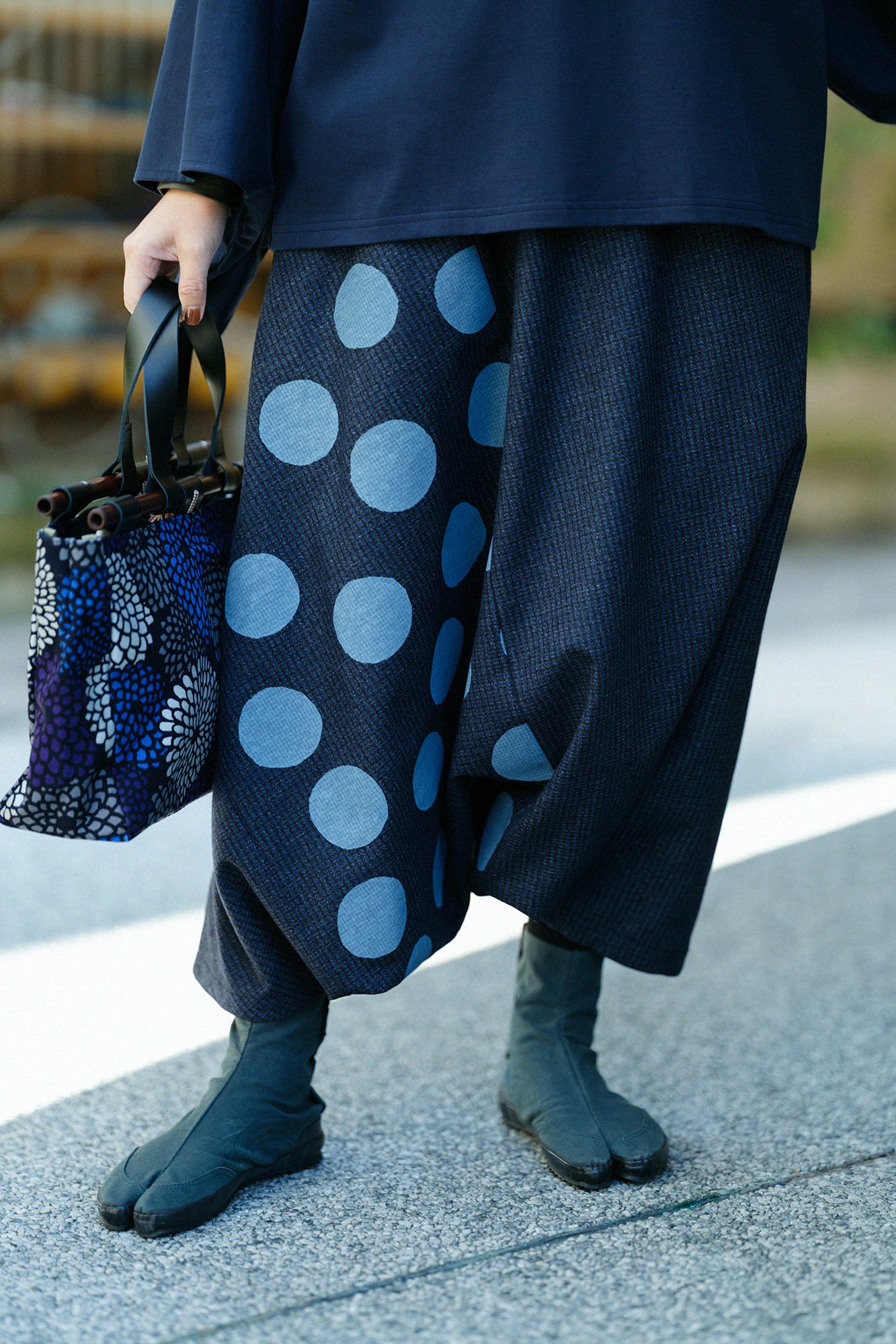 棉毛格子織 富士（飛鼠褲）／深藍×圓點