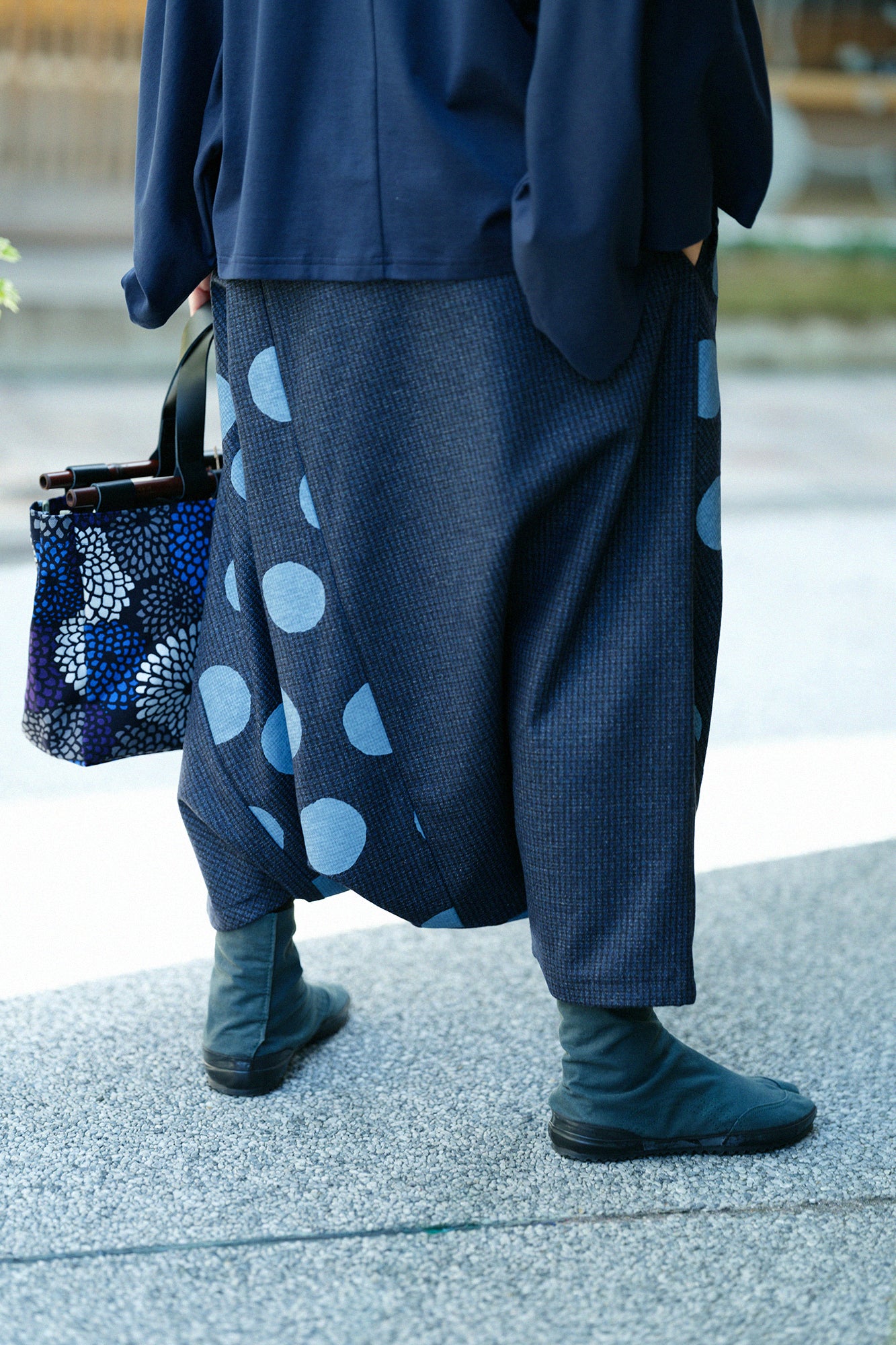 棉毛格子織 富士（飛鼠褲）／深藍×圓點