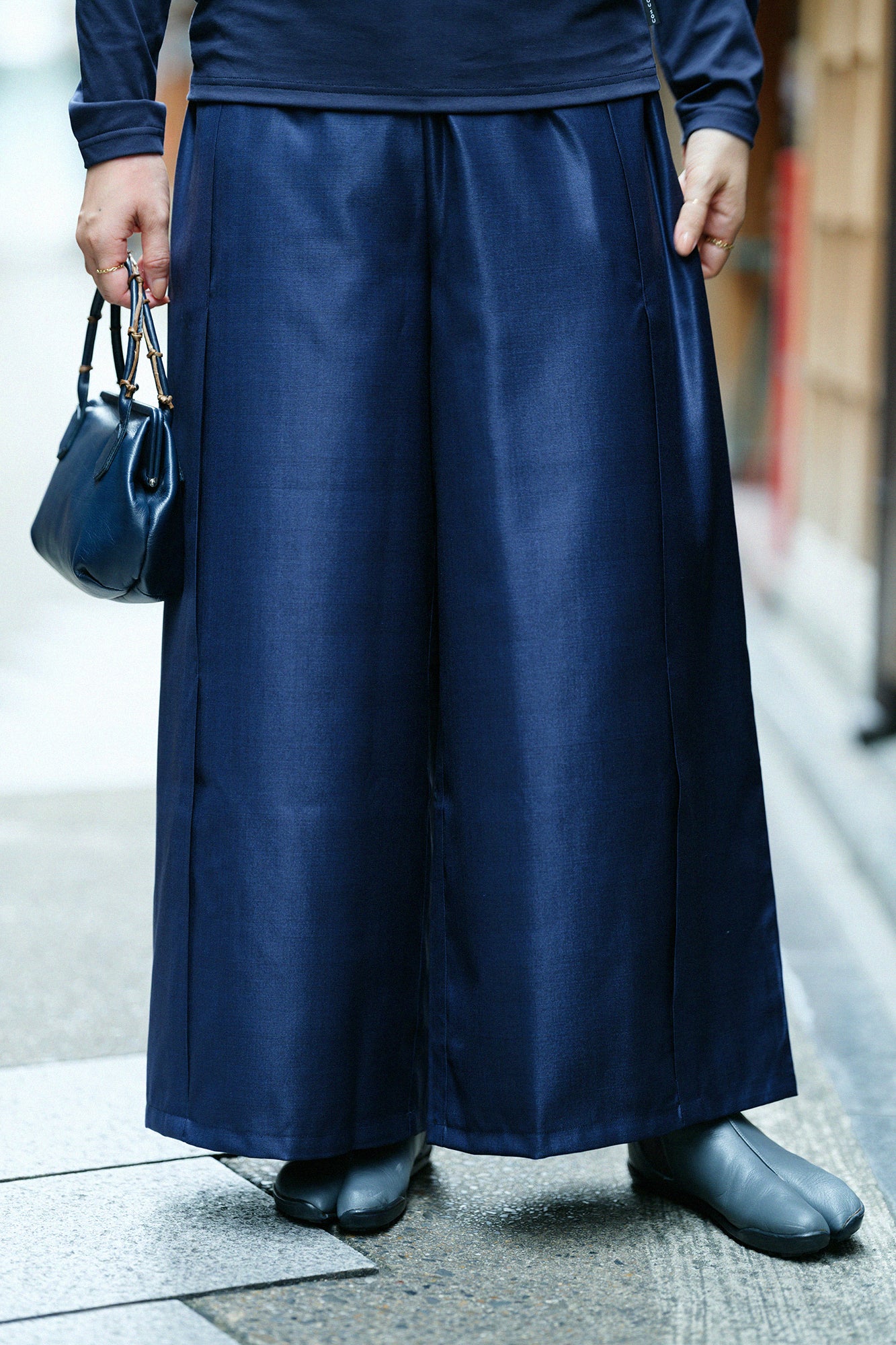 42雙線梳毛一褶闊腿褲/黑色