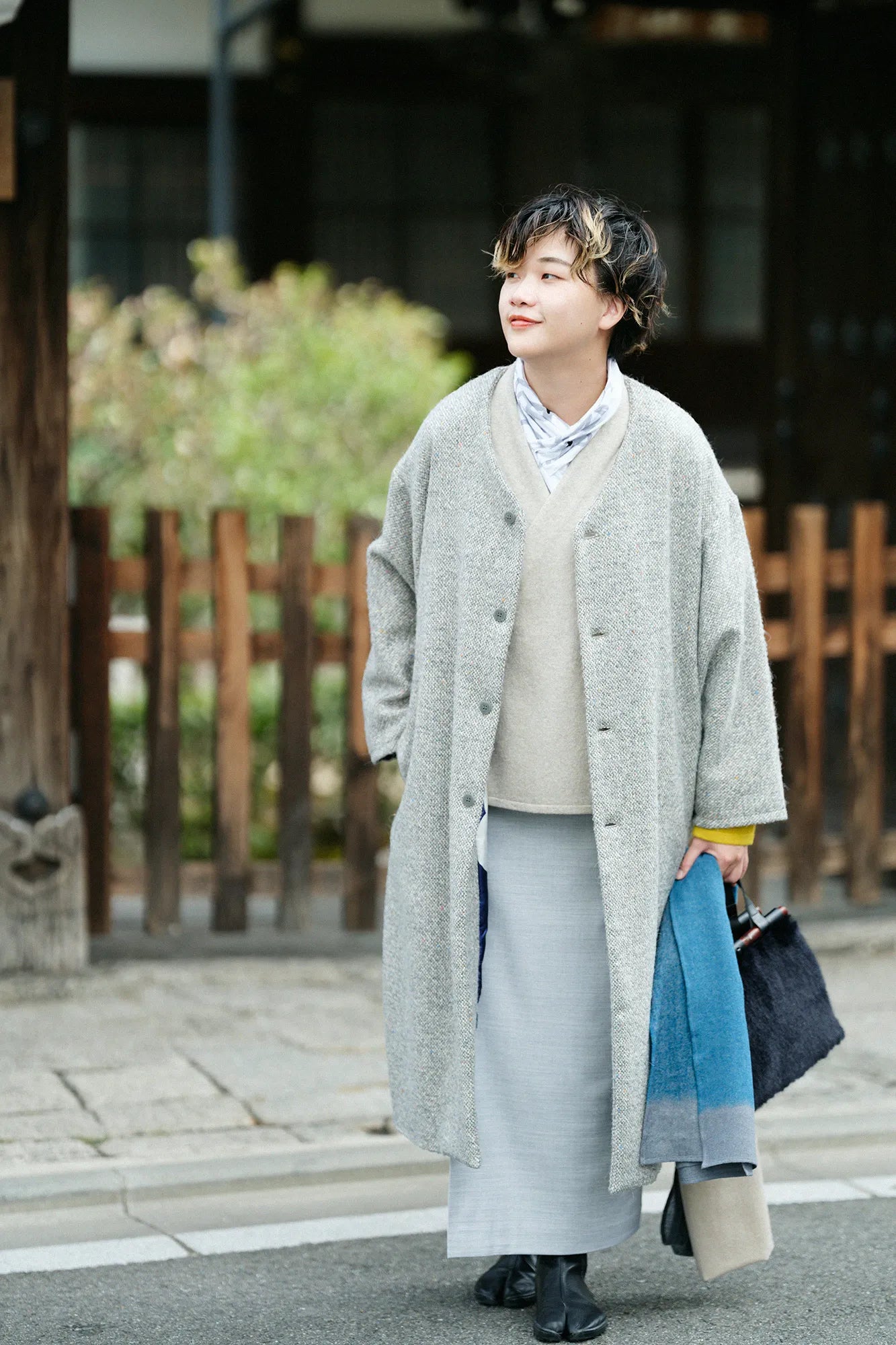 SOU・SOU×ALPHA 羊絨雙色袖和裝針織衫／亞麻衣身