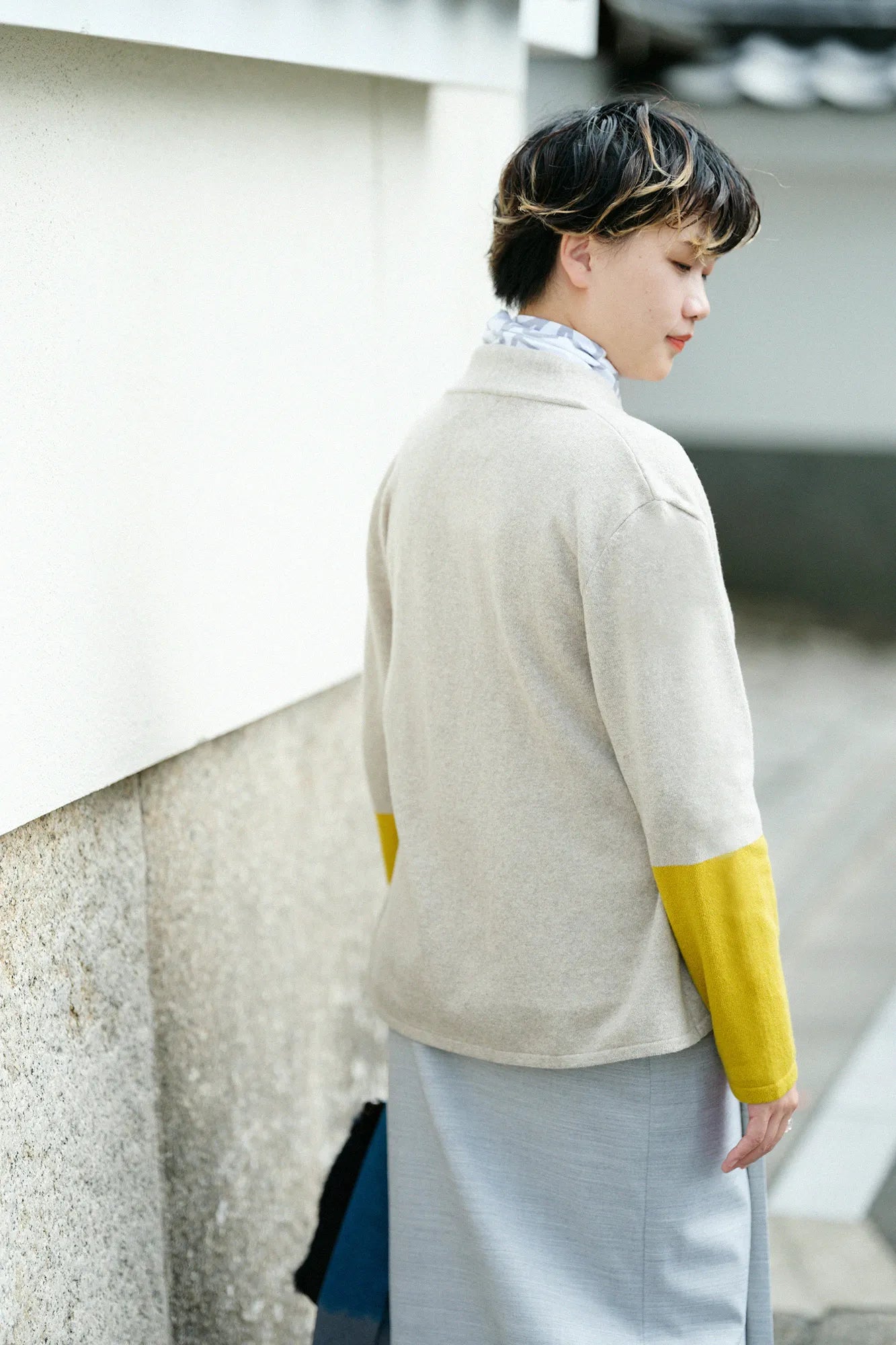 SOU・SOU×ALPHA 羊絨雙色袖和裝針織衫／亞麻衣身