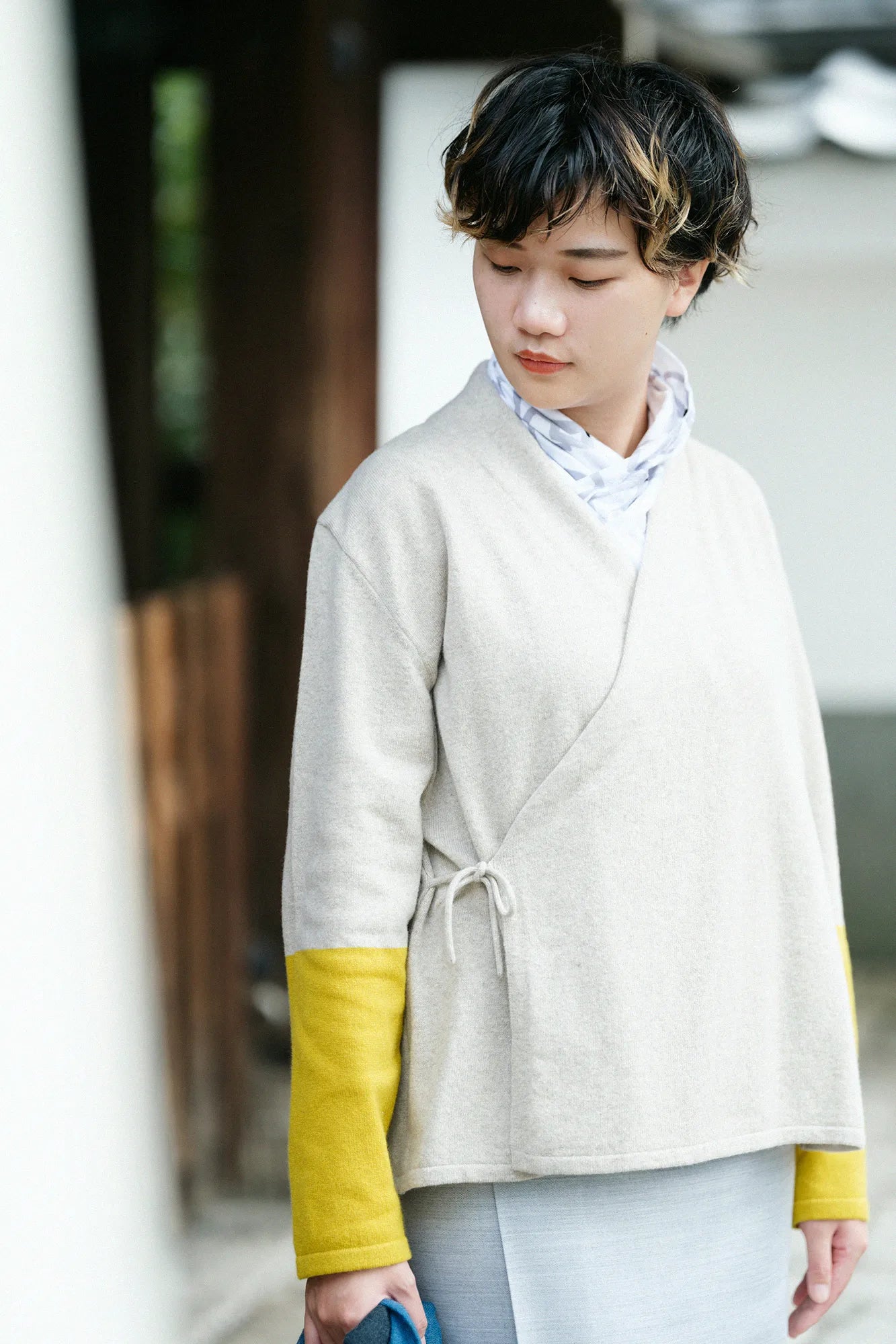 SOU・SOU×ALPHA 羊絨雙色袖和裝針織衫／亞麻衣身