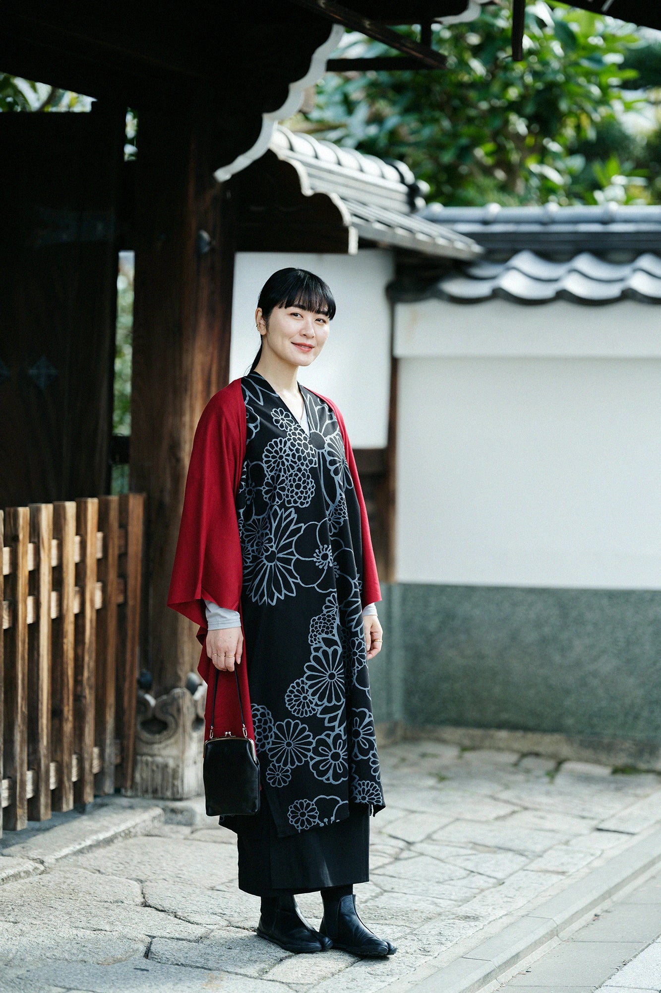 雙面編 長方形洋裝 拼接／金襴緞子 黑色