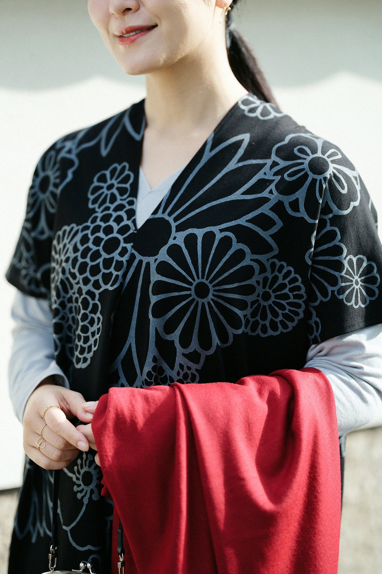 雙面編 長方形洋裝 拼接／金襴緞子 黑色