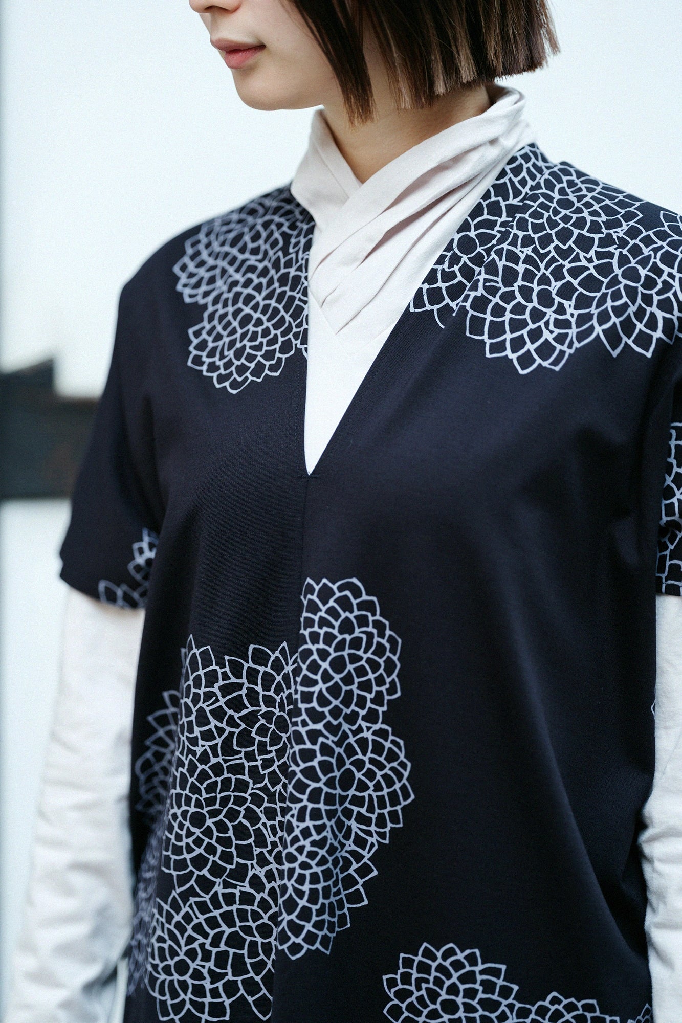 雙面編 長方形洋裝 拼接／雲間菊 黑藍色