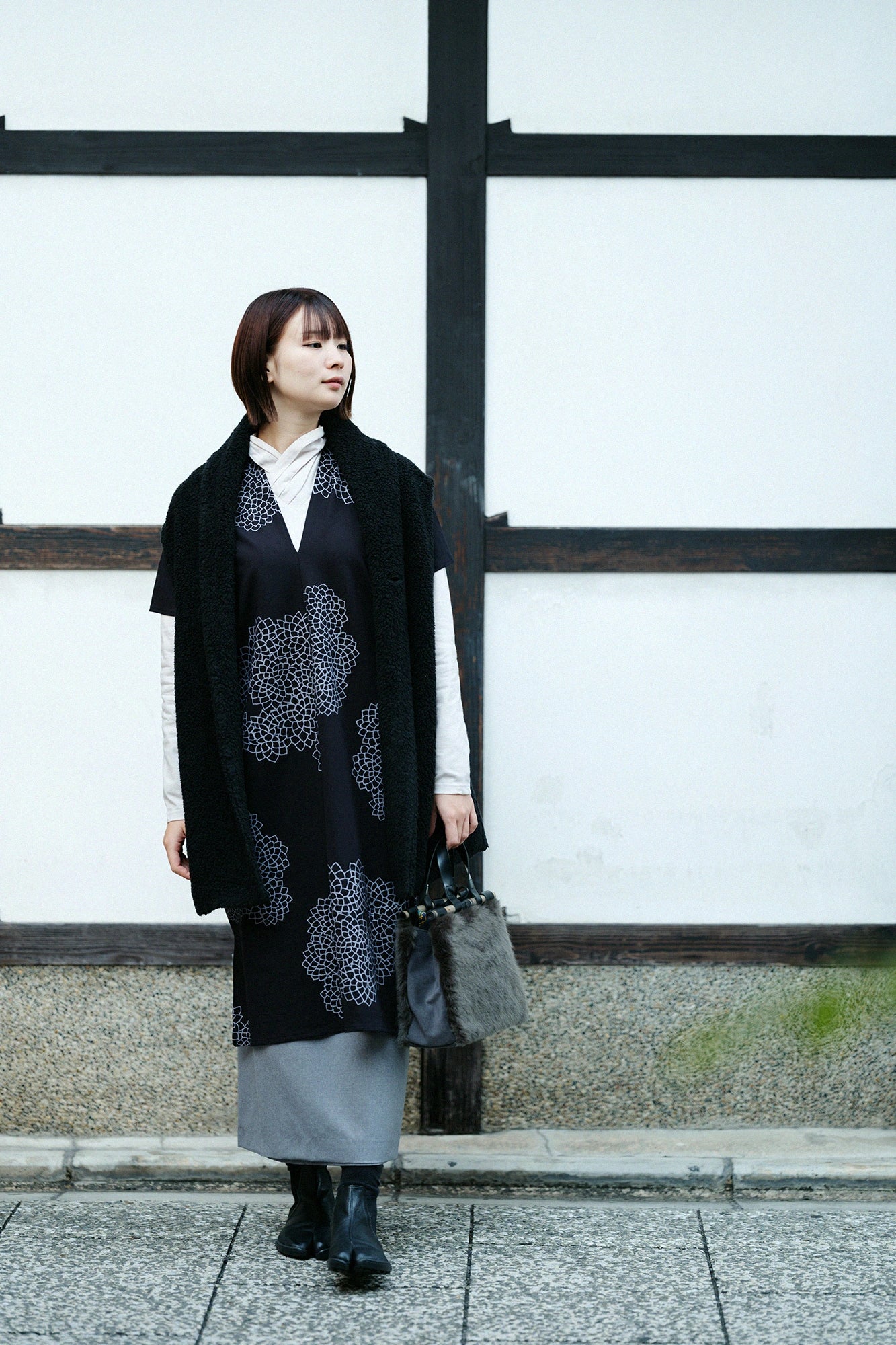 雙面編 長方形洋裝 拼接／雲間菊 黑藍色