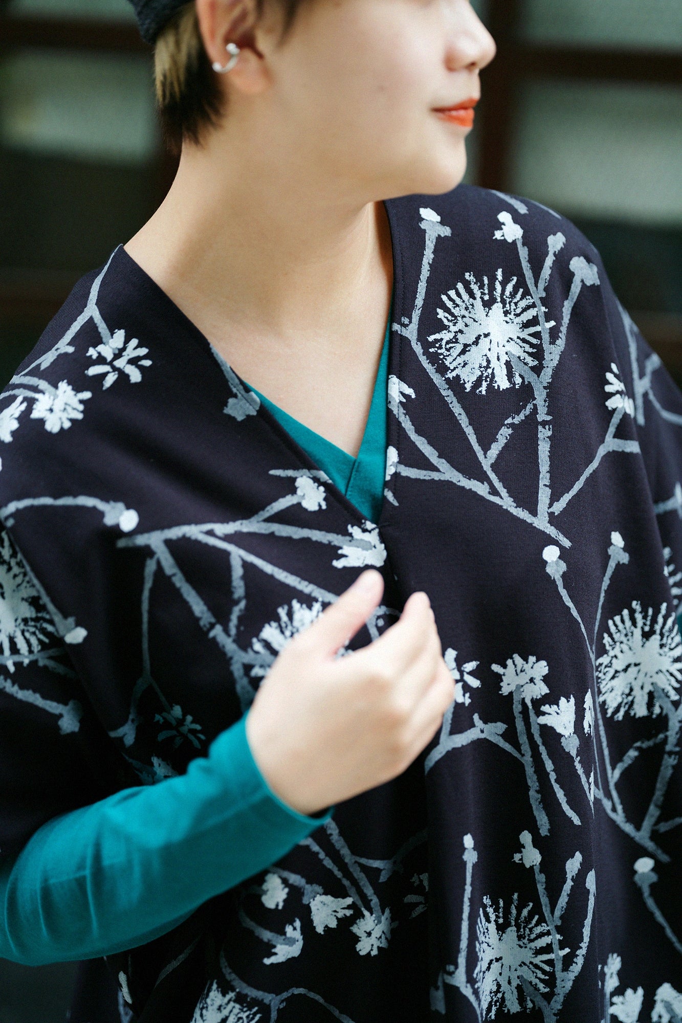 雙面編 長方形洋裝 拼接／散歩道 黑藍色