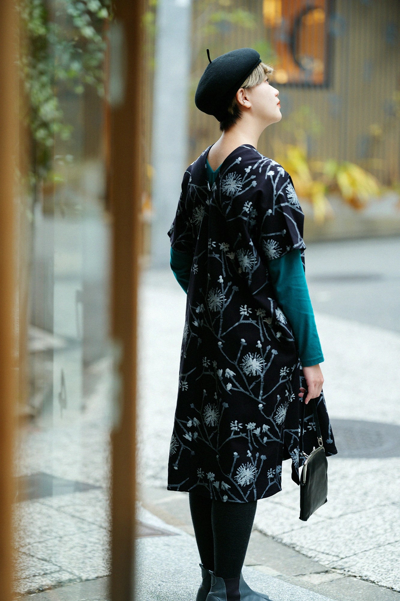 雙面編 長方形洋裝 拼接／散歩道 黑藍色