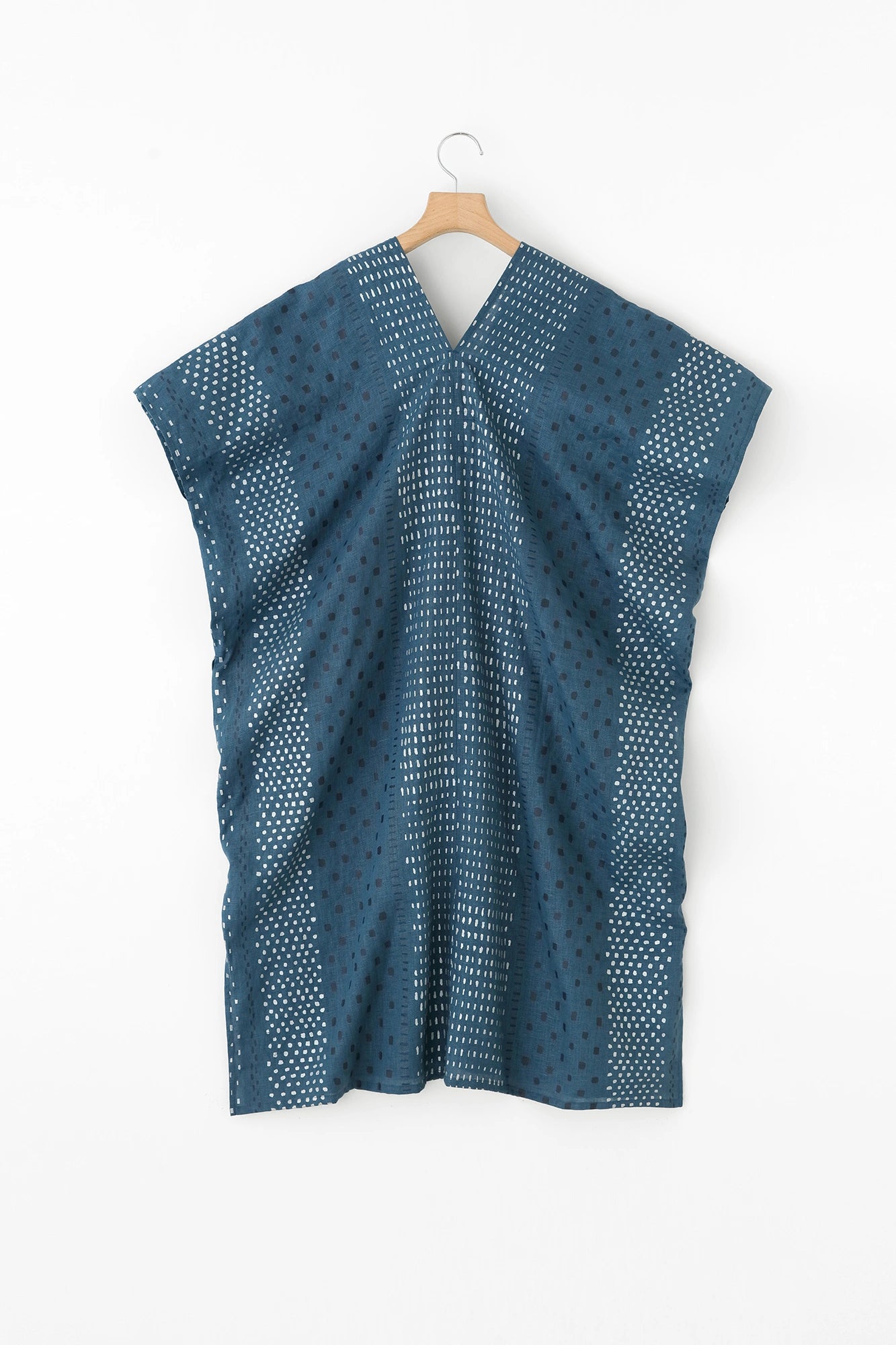 【Scheduled to ship around Mar 3】Linen Rectangular Dress Split Joint／Hail StripesAquamarine