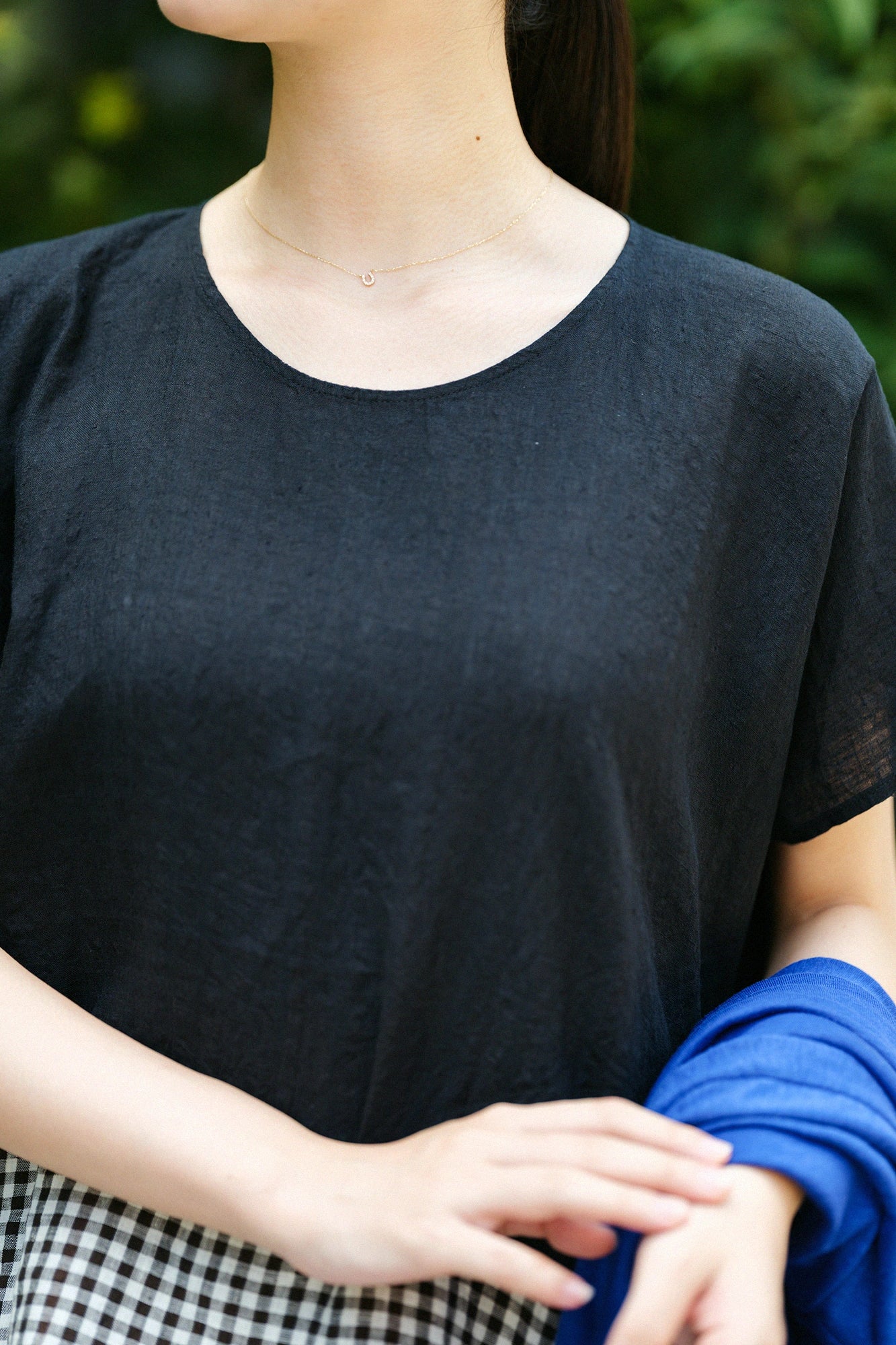 Konsei Tie-dye Linen Square Top / Bi-color Black×Benkei Small Check