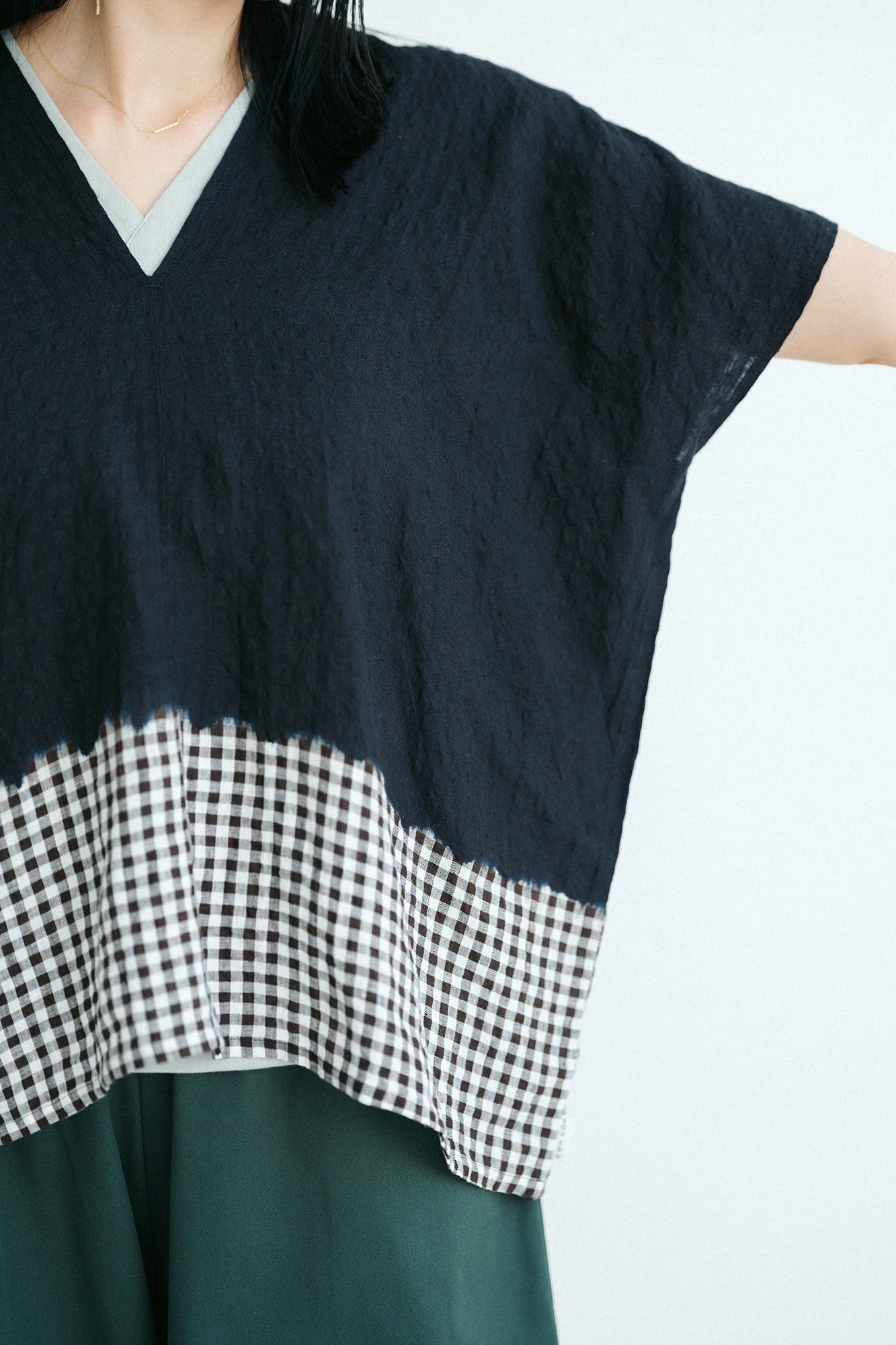 Konsei Tie-dye Linen  Square Top Split Joint/Bi-color Black×Benkei Small Check