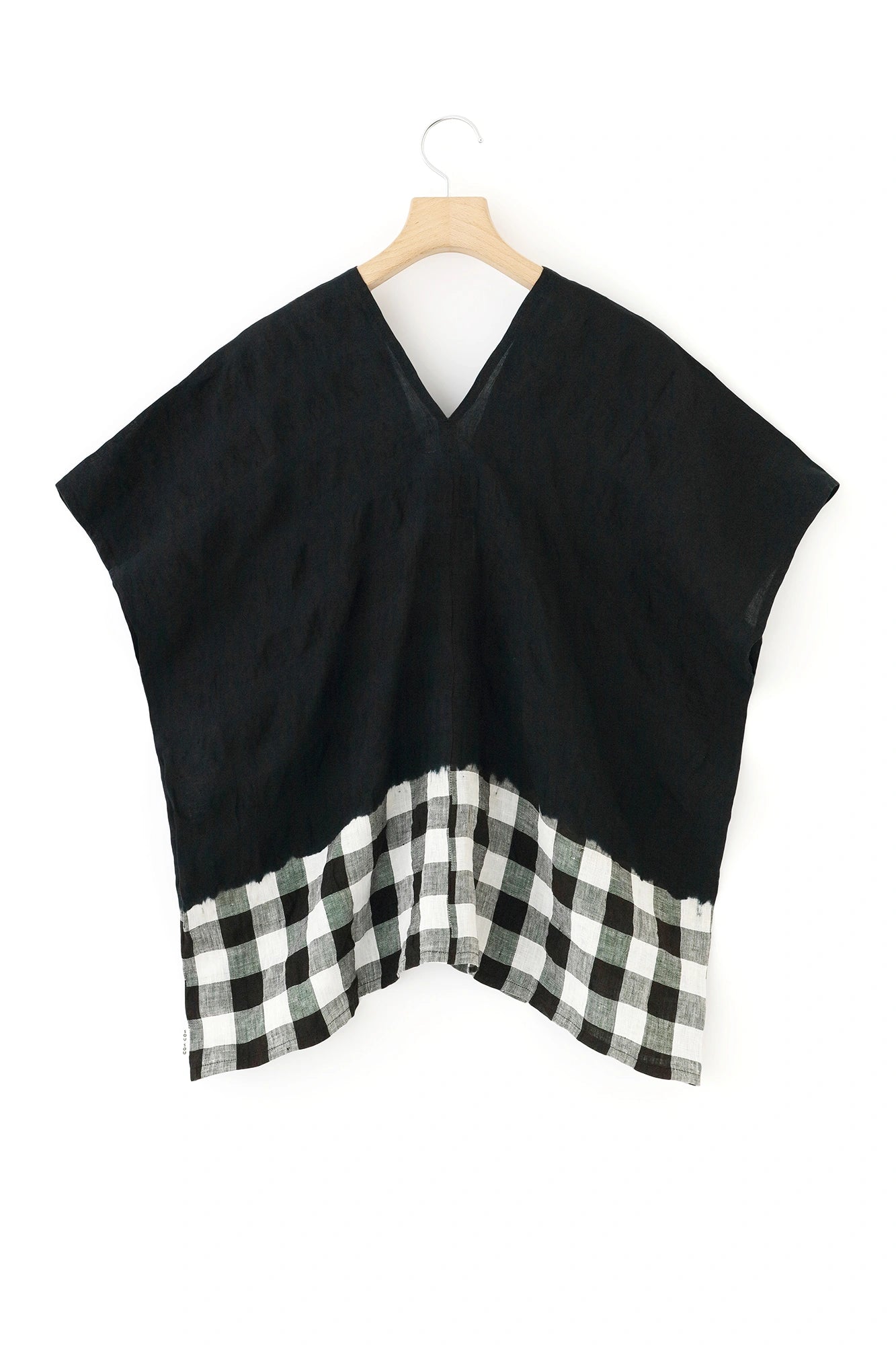 Konsei Tie-dye Linen Square Top Split Joint/Bi-color Black × Benkei Check