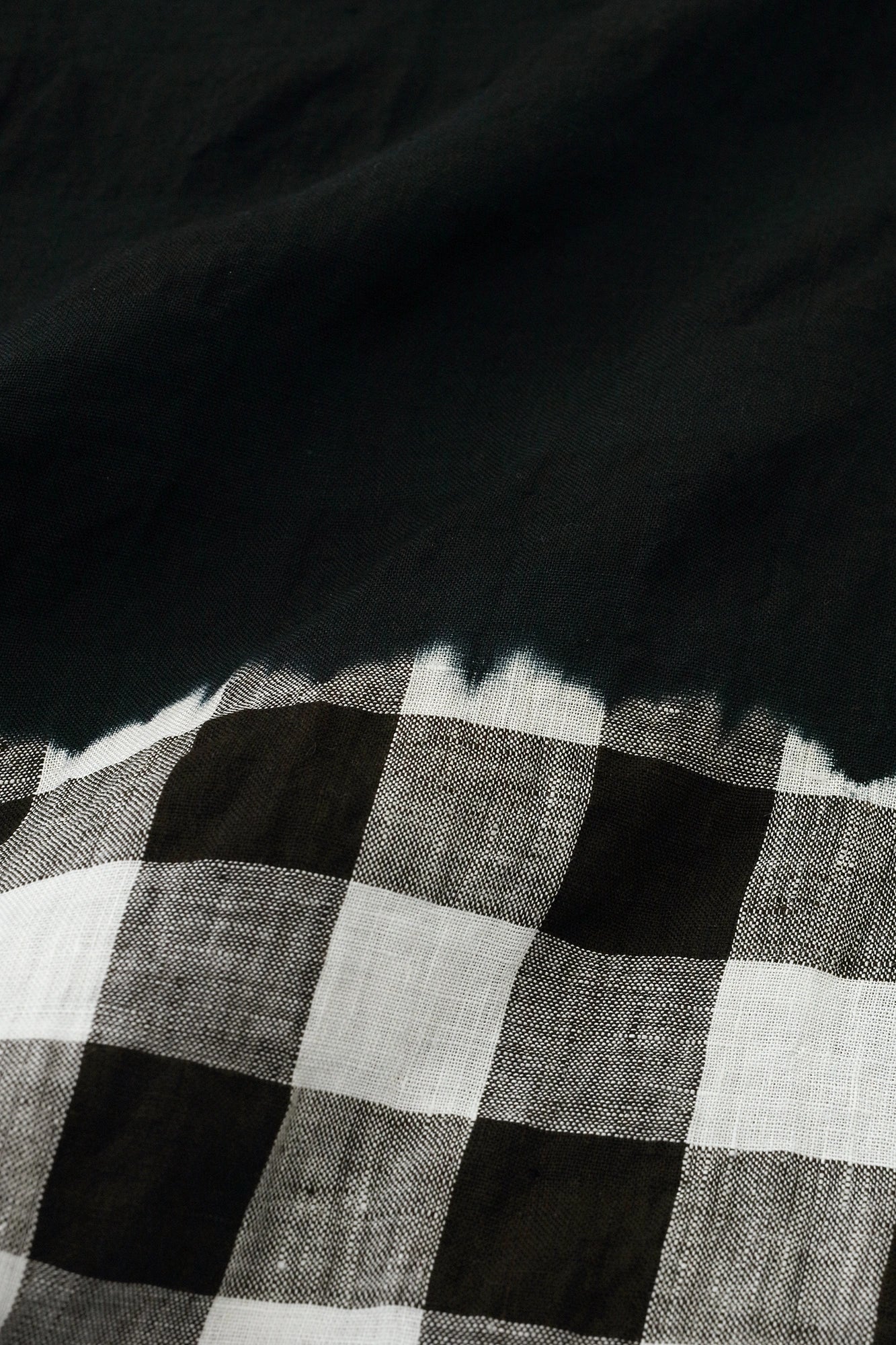 Konsei Tie-dye Linen Square Top Split Joint/Bi-color Black × Benkei Check