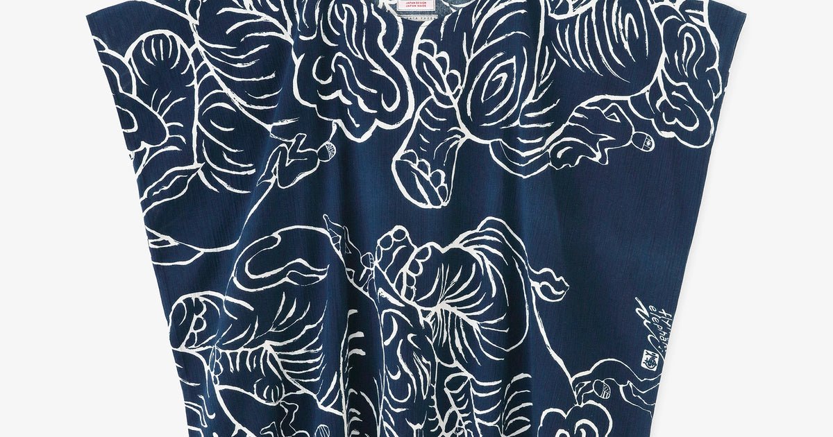 高島縮 20/20 藍捺染（あいなせん） 四角衣（しかくい）／flying elephants