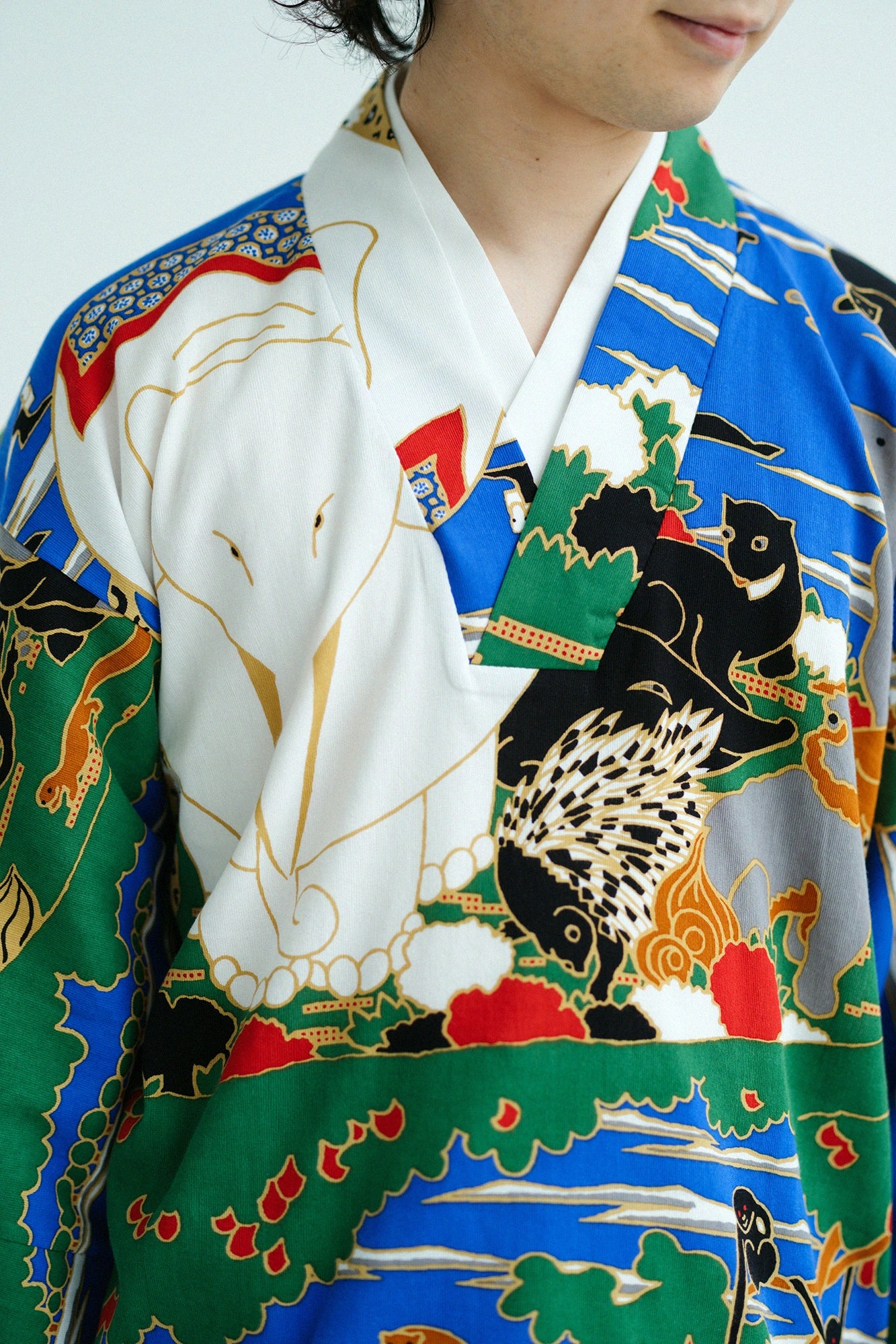 Chizimi Cotton 40/40 Fubi Double Collar Shirt／Jakuchu, Birds and Animals in the Flower Garden-Recreation