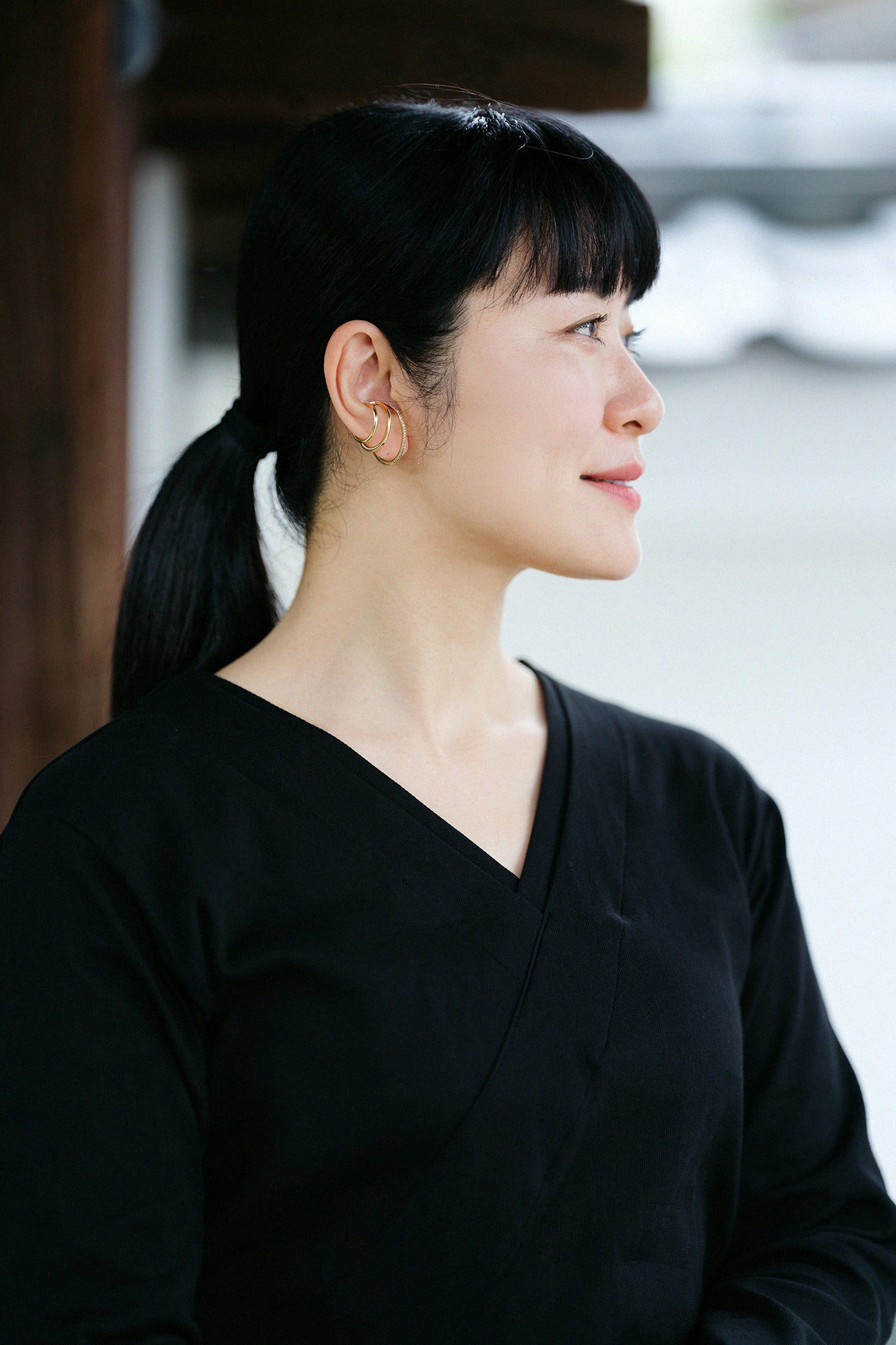 110雙線 超長棉 半衿V領上衣長袖／黑色