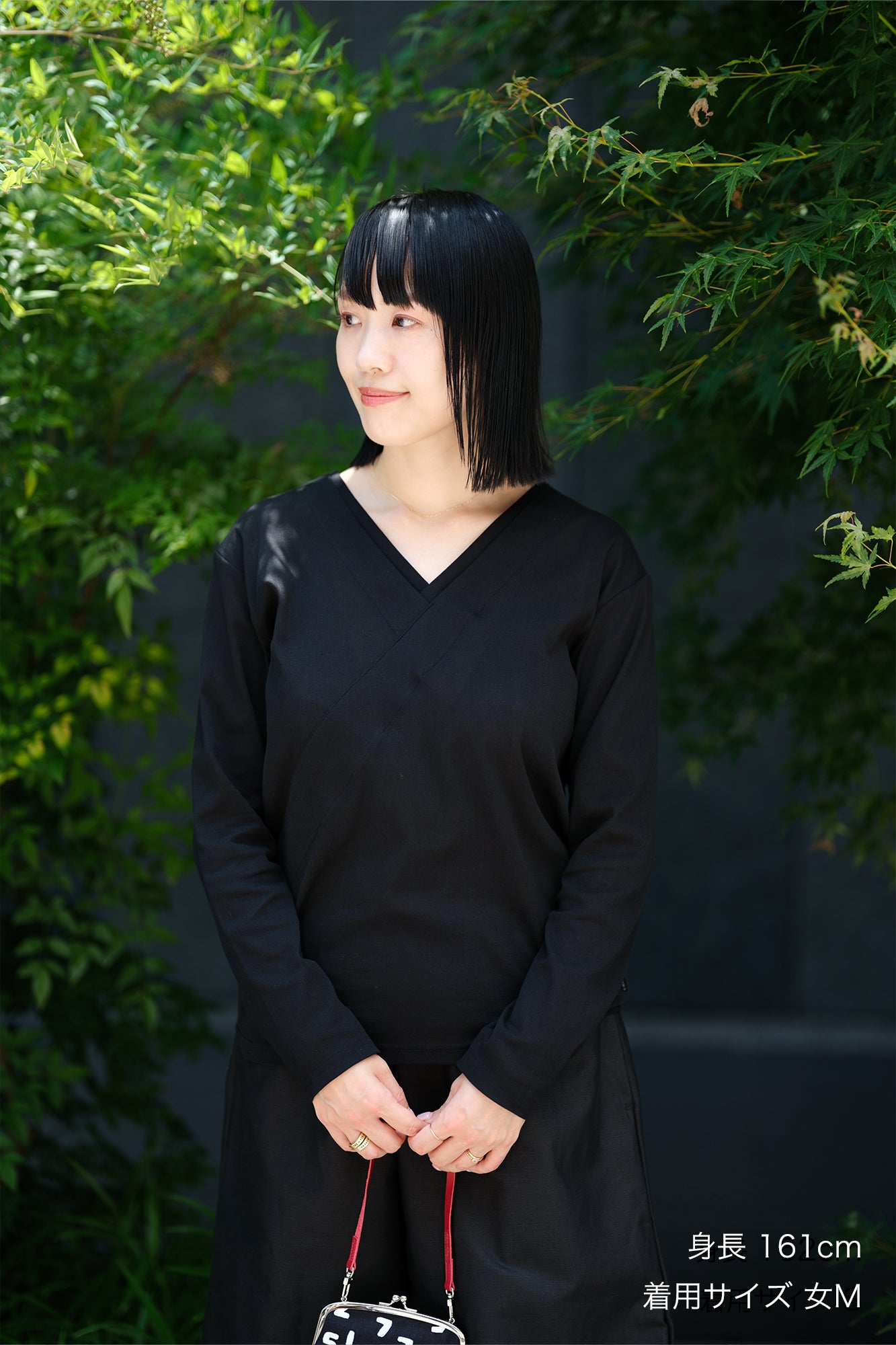 110雙線 超長棉 半衿V領上衣長袖／黑色