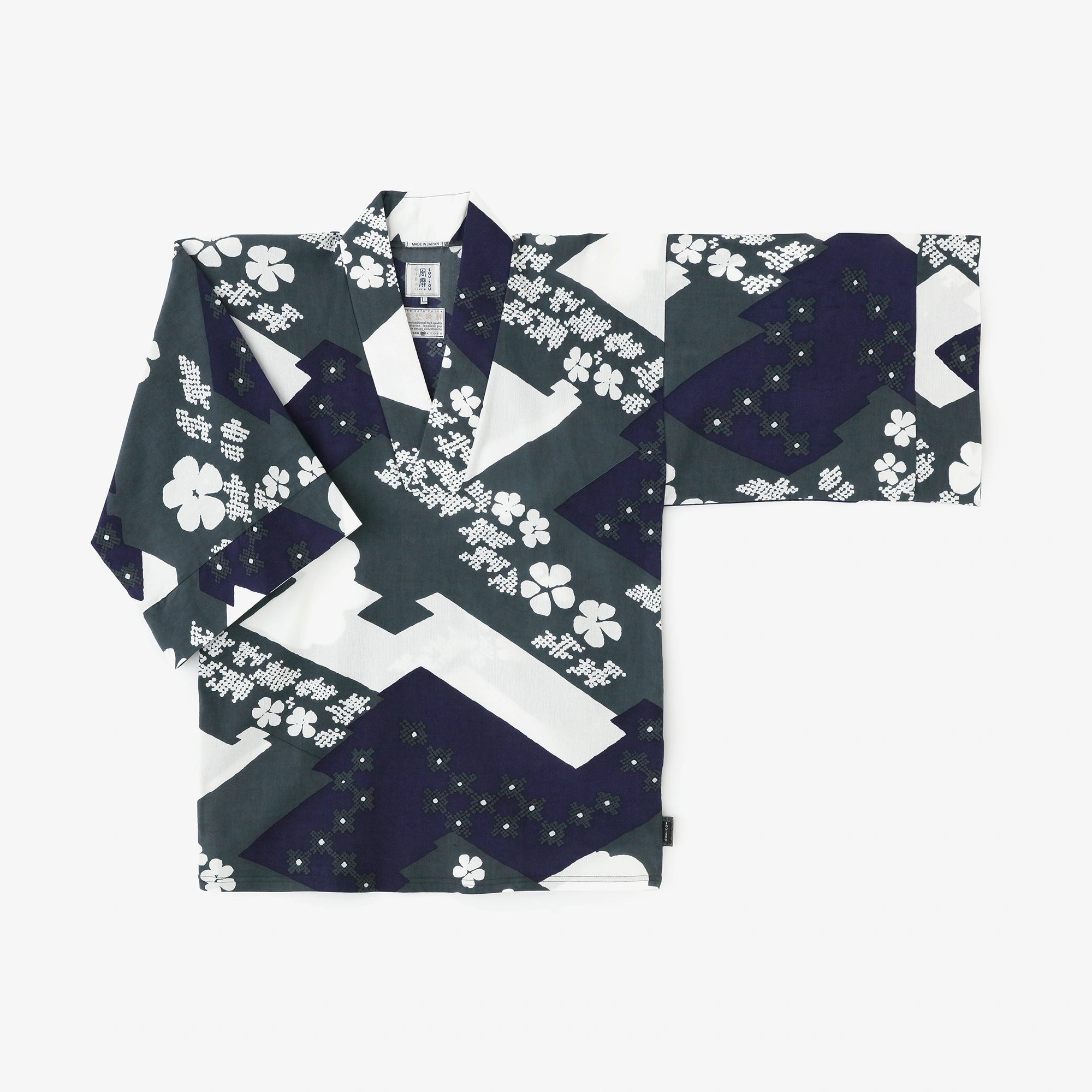 Chizimi Cotton 40/40 Fubi Kimono Top/ Small Flowers, Clouds and Linked Diamond Pattern - Recreation