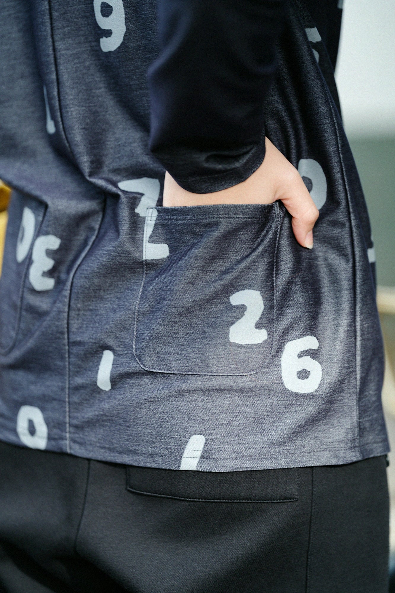 斜紋針織模切長袖T-shirt / SO-SU-U十數 上下 混深藍灰色