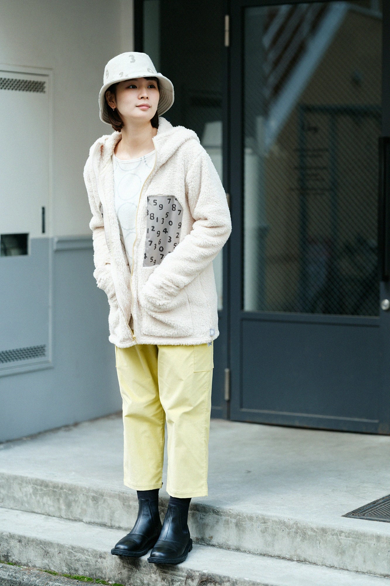 純棉雙面針織 模切長袖T-shirt／排圈圈 象牙白