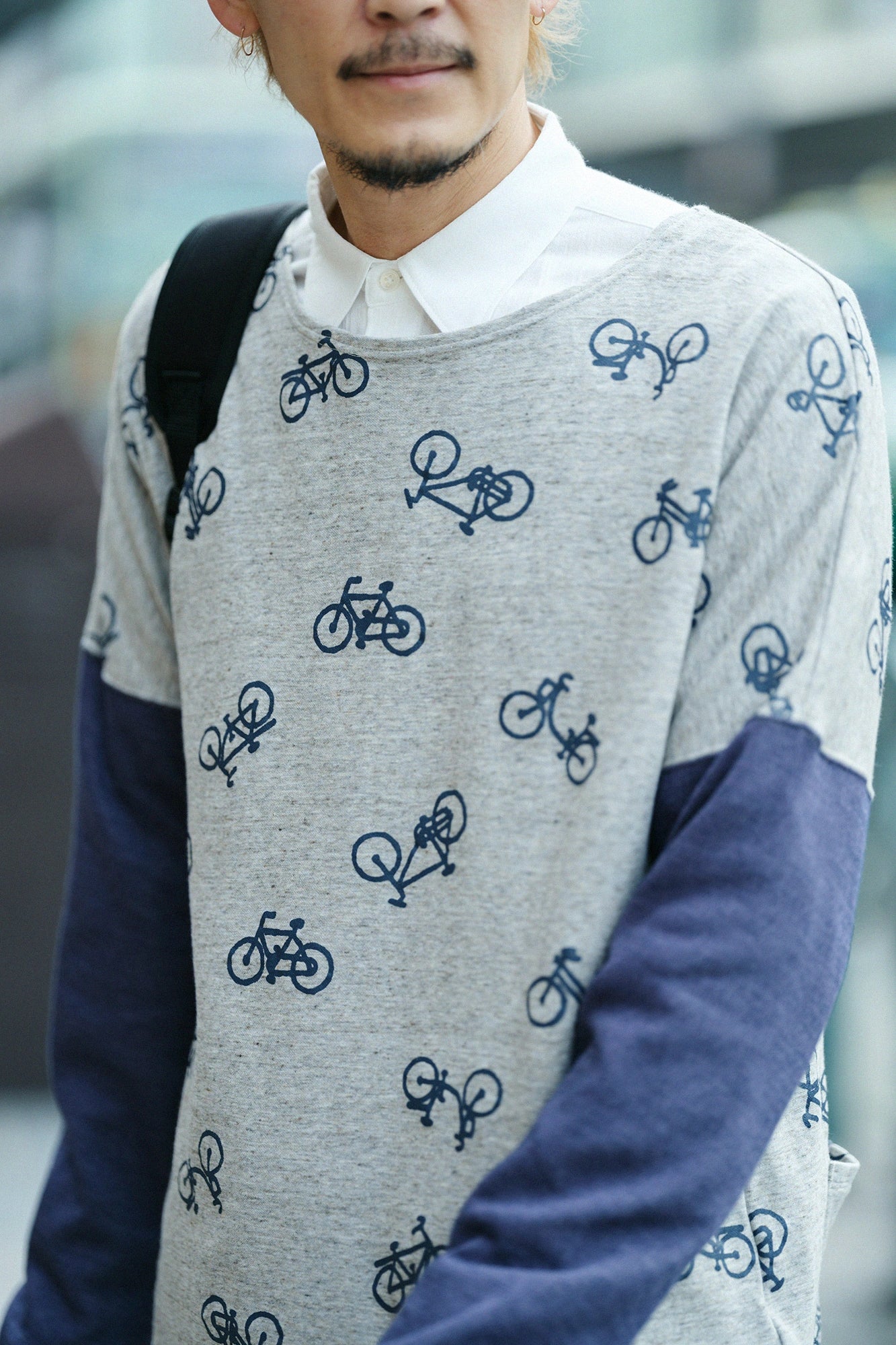 純棉雙面針織 模切長袖T-shirt／單車圖案處處 混米白色