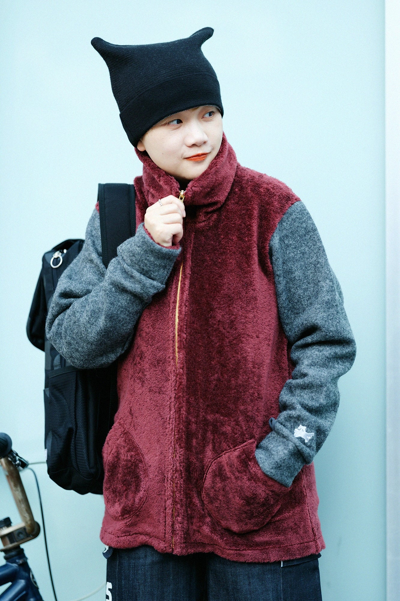 Boa x Wollbouclé ZIP UP N.W BIKE Blouson/Granat x Dunkelgrau