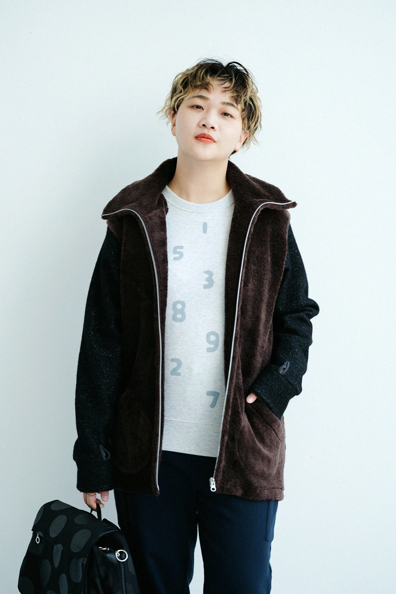 보아 x 울 부클레 ZIP UP NW BIKE블루종/어두운브라운×검은색