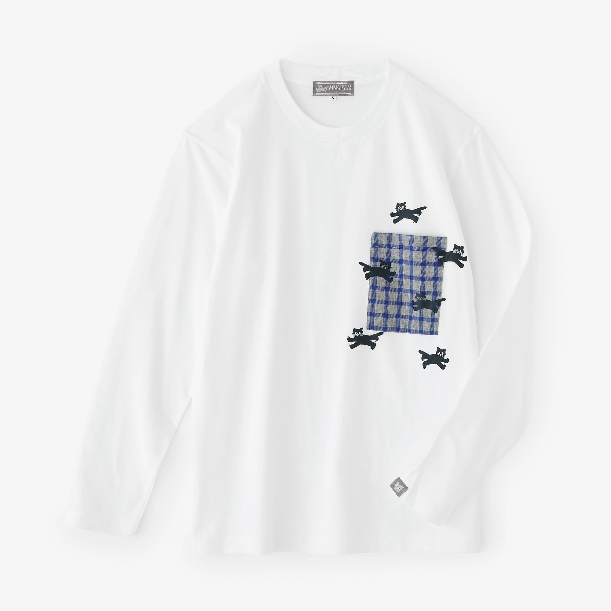 【9月29日頃発送予定】長袖 ポケットTシャツ[5.6]／ホワイト×ねこ かけっこ