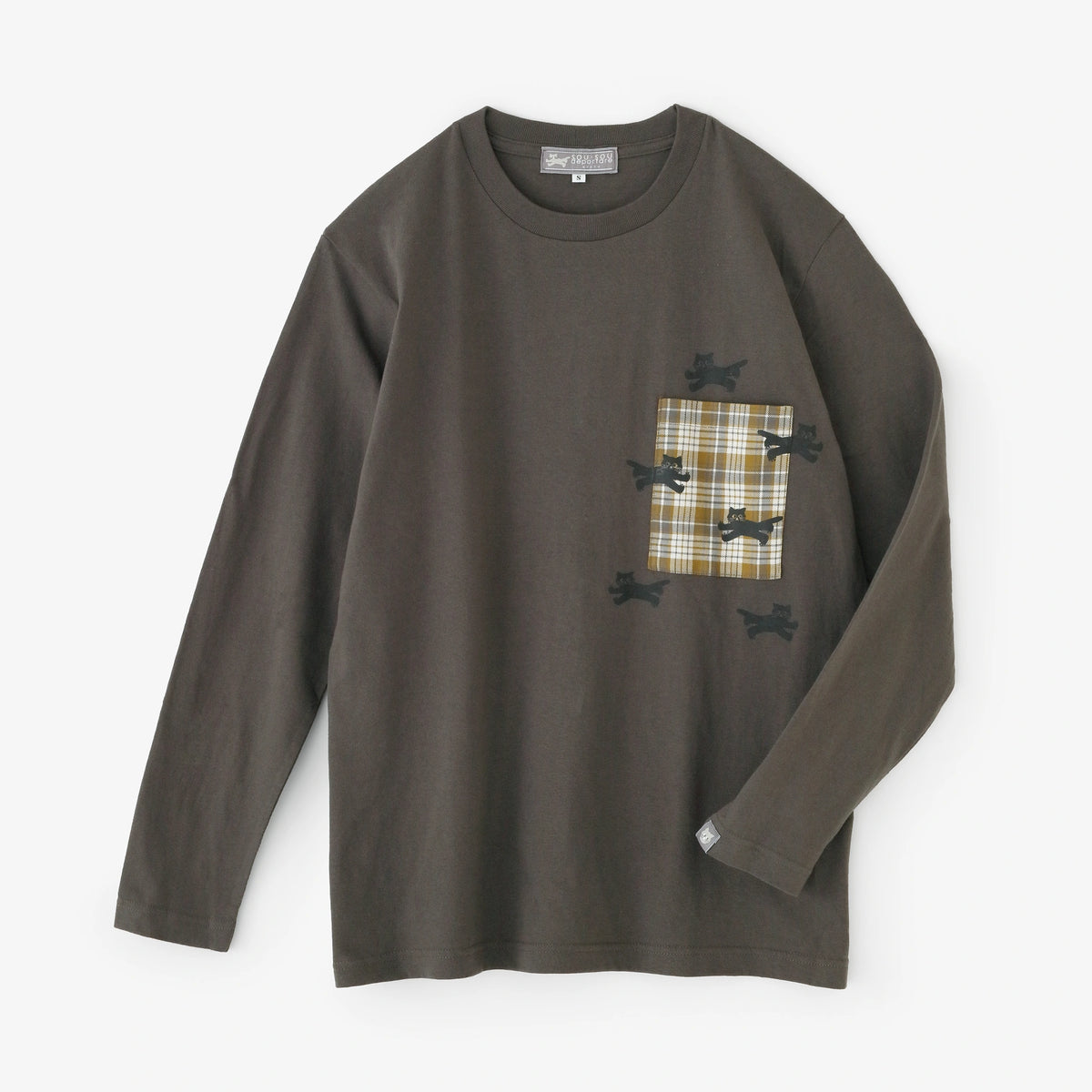 【9月29日頃発送予定】長袖 ポケットTシャツ[5.6]／チャコール×ねこ かけっこ
