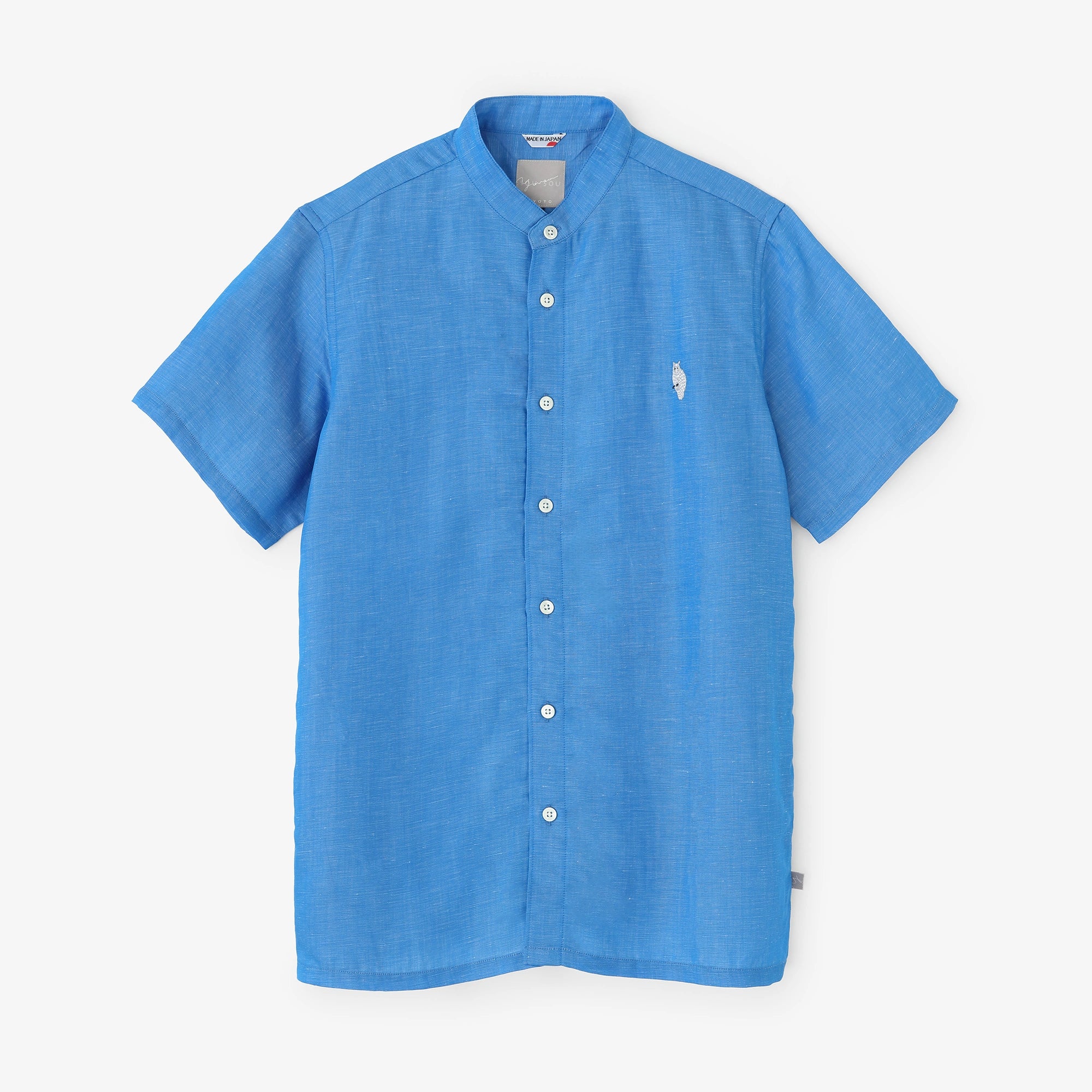 Chemise à manches courtes à col montant en tissu chambray/bleu ciel